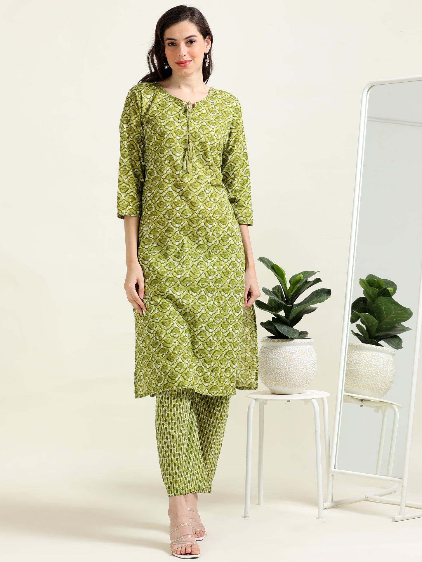 Green Sequined Glow – Cotton Straight Kurti 3-piece Set (2TP-5-C11)