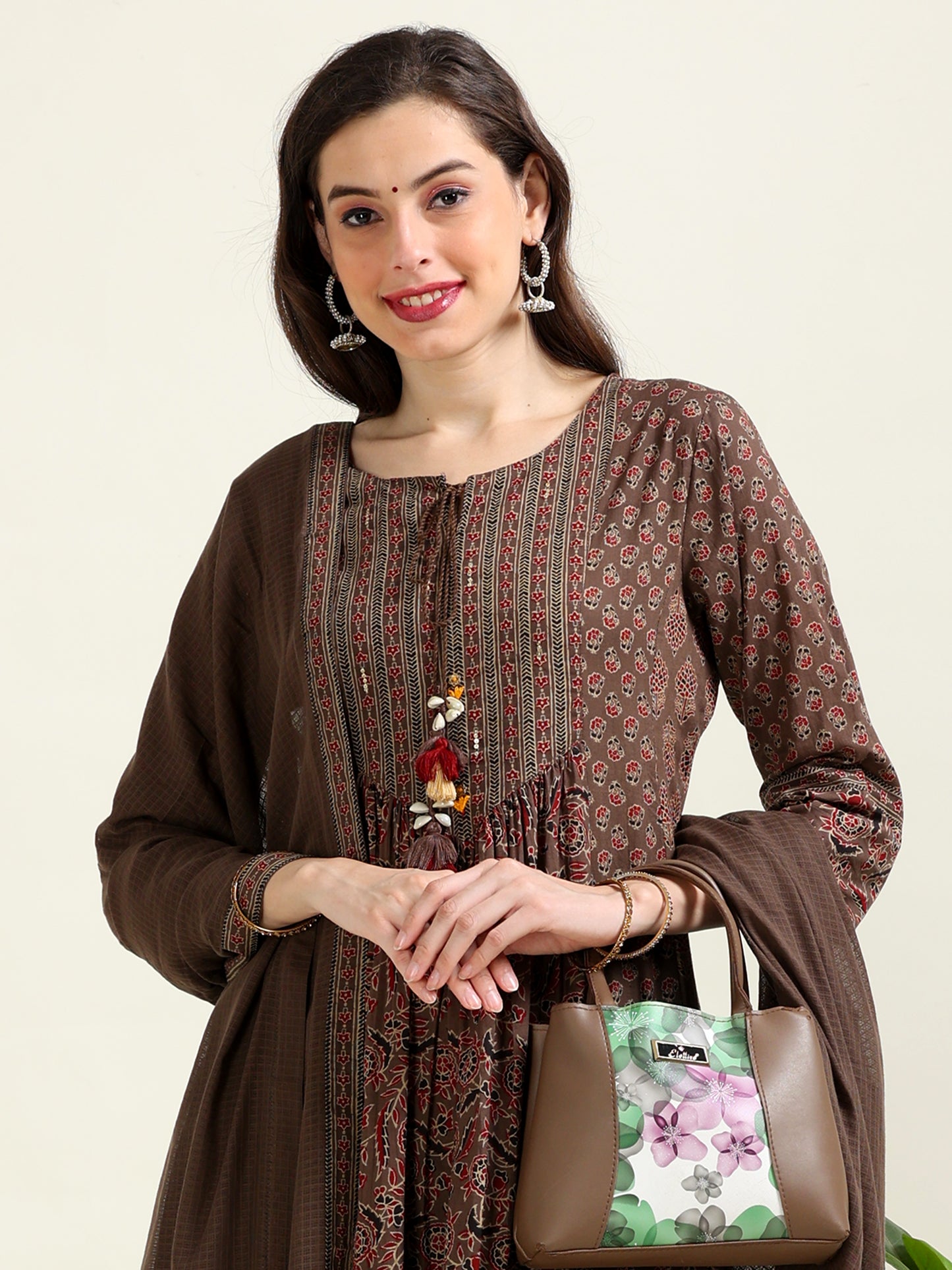 Brown Ajrak Printed Anarkali Cotton Set (1MF-1-C1)