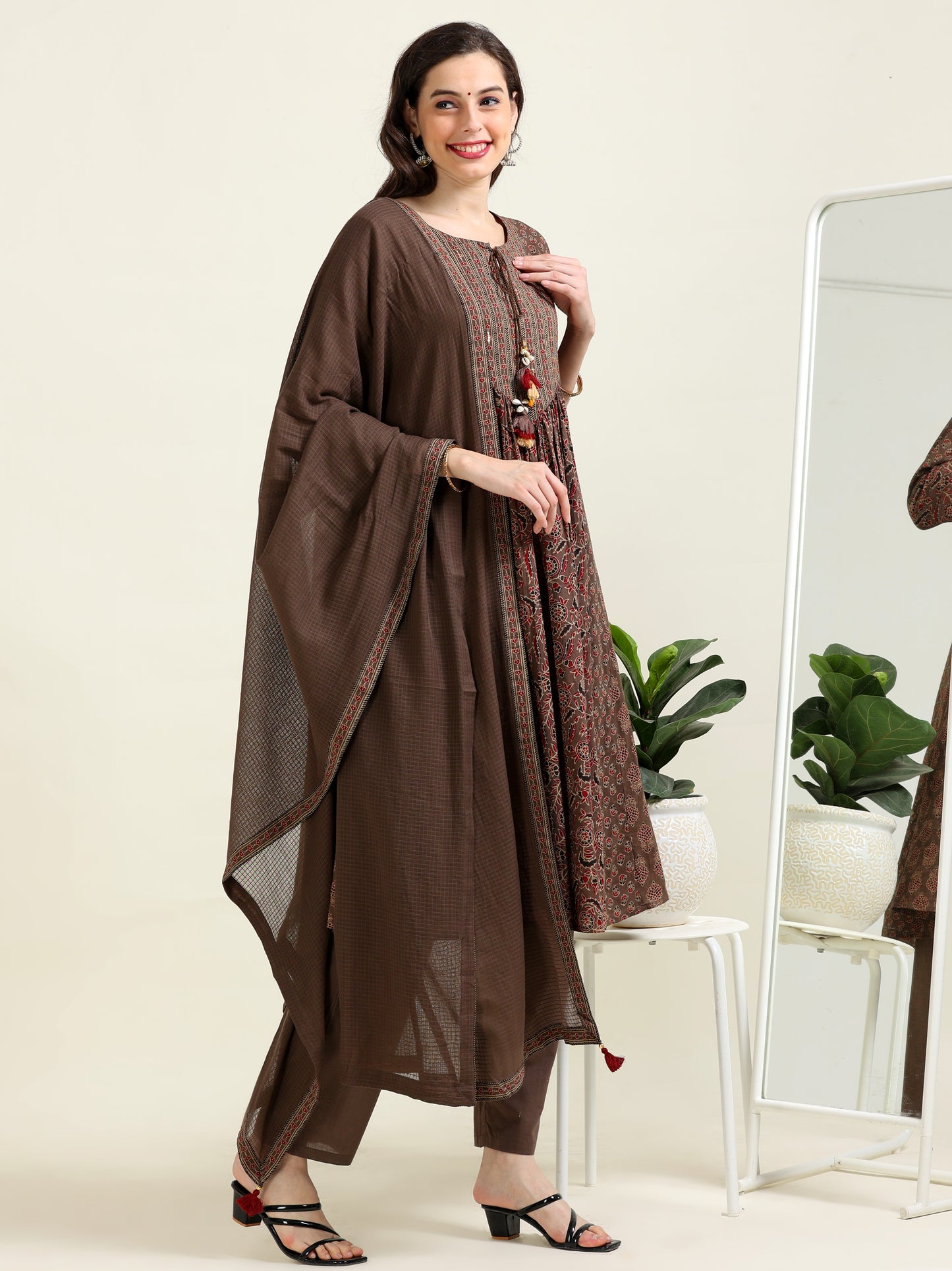 Brown Ajrak Printed Anarkali Cotton Set (1MF-1-C1)