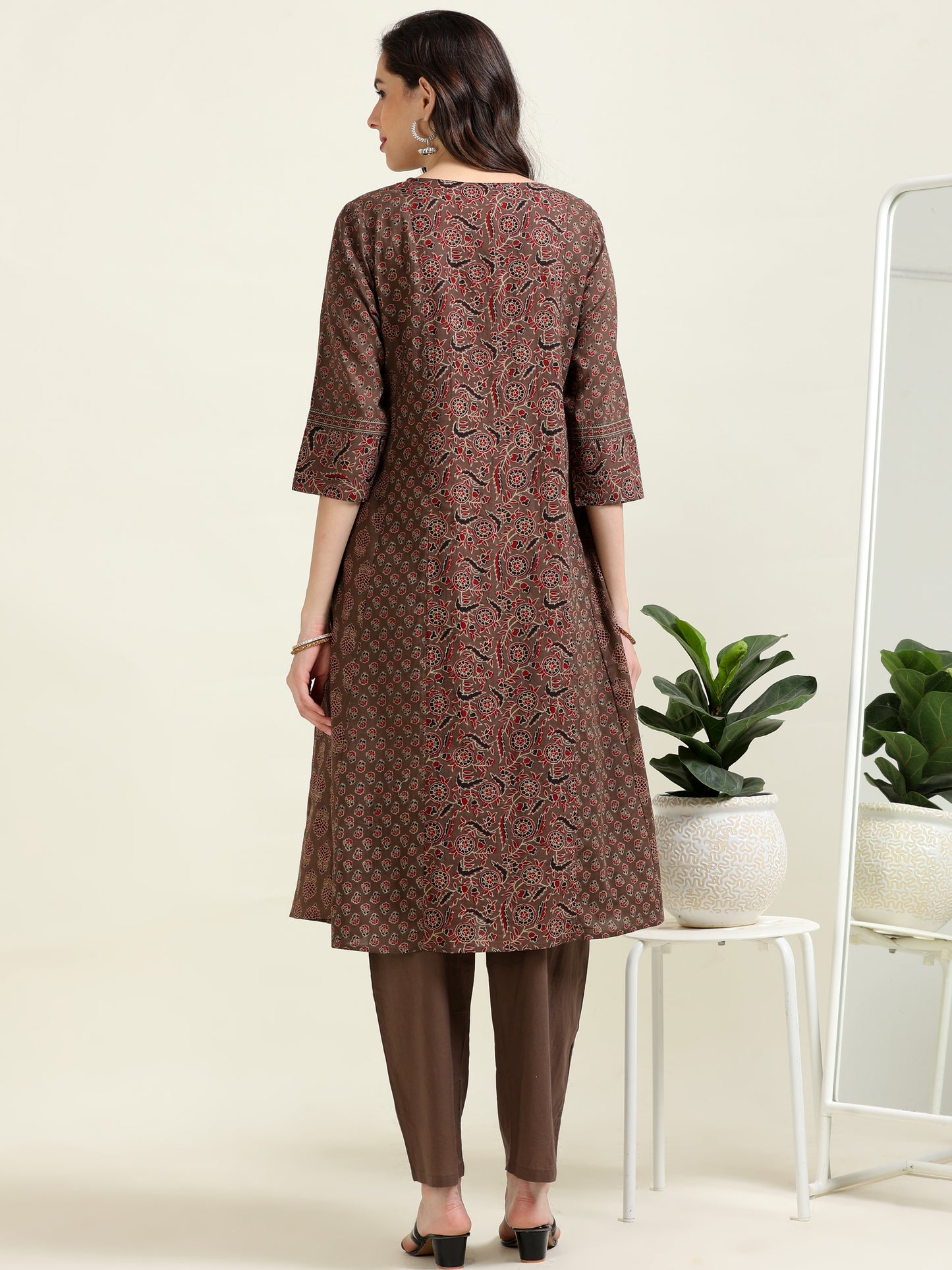 Brown Ajrak Printed Anarkali Cotton Set (1MF-1-C1)