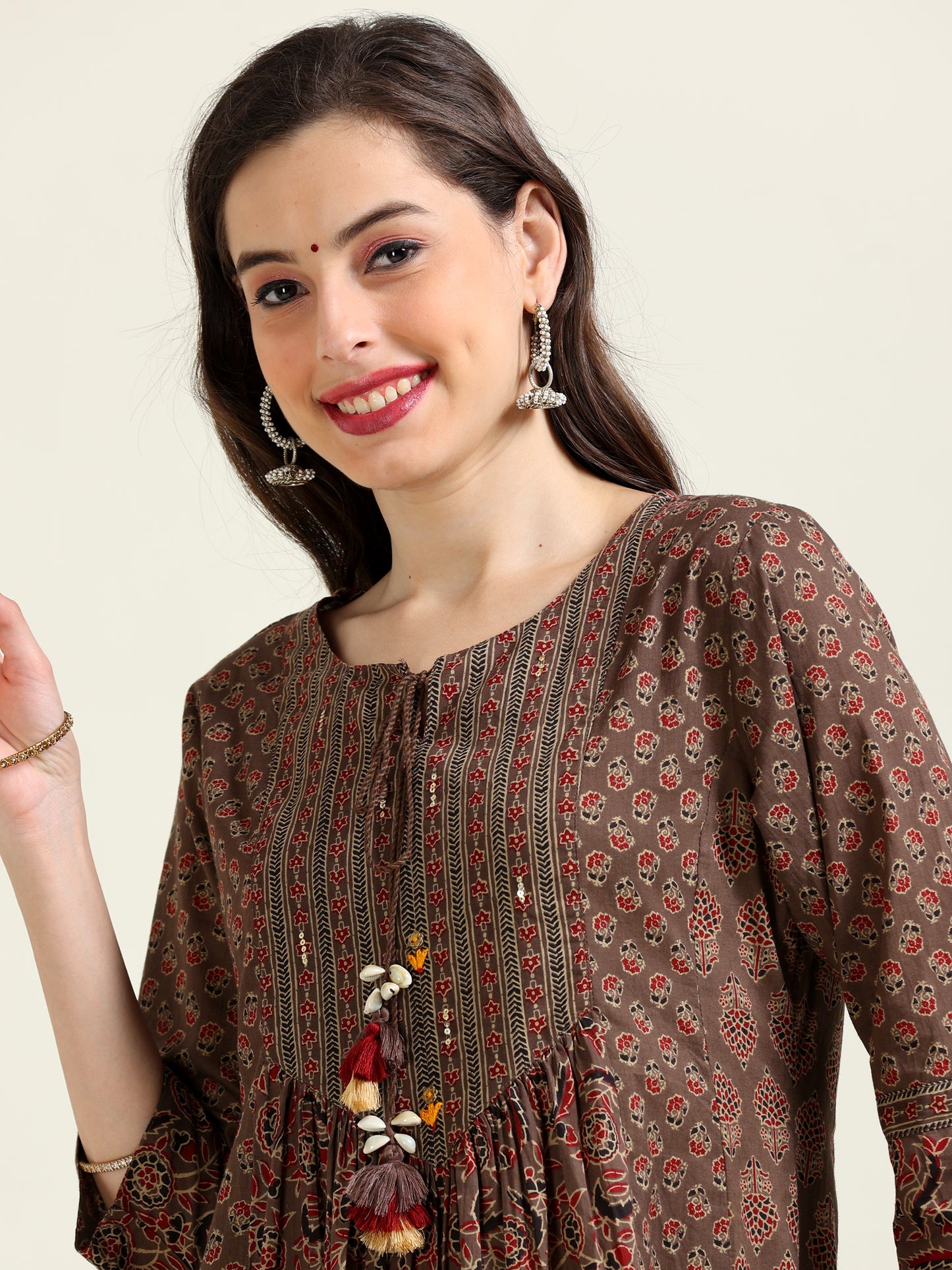 Brown Ajrak Printed Anarkali Cotton Set (1MF-1-C1)