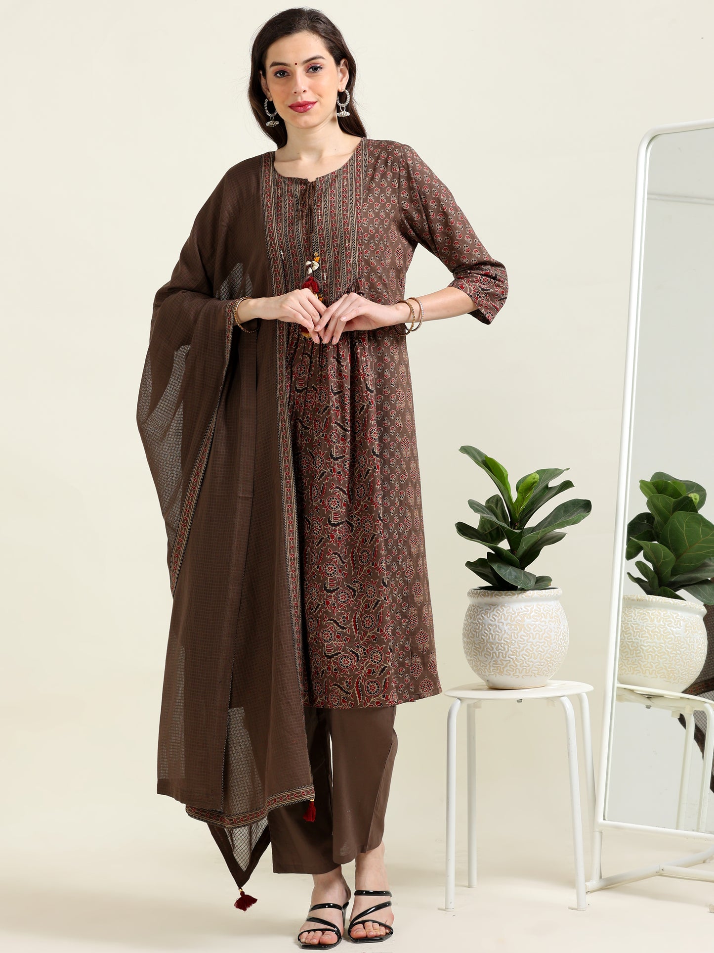 Brown Ajrak Printed Anarkali Cotton Set (1MF-1-C1)