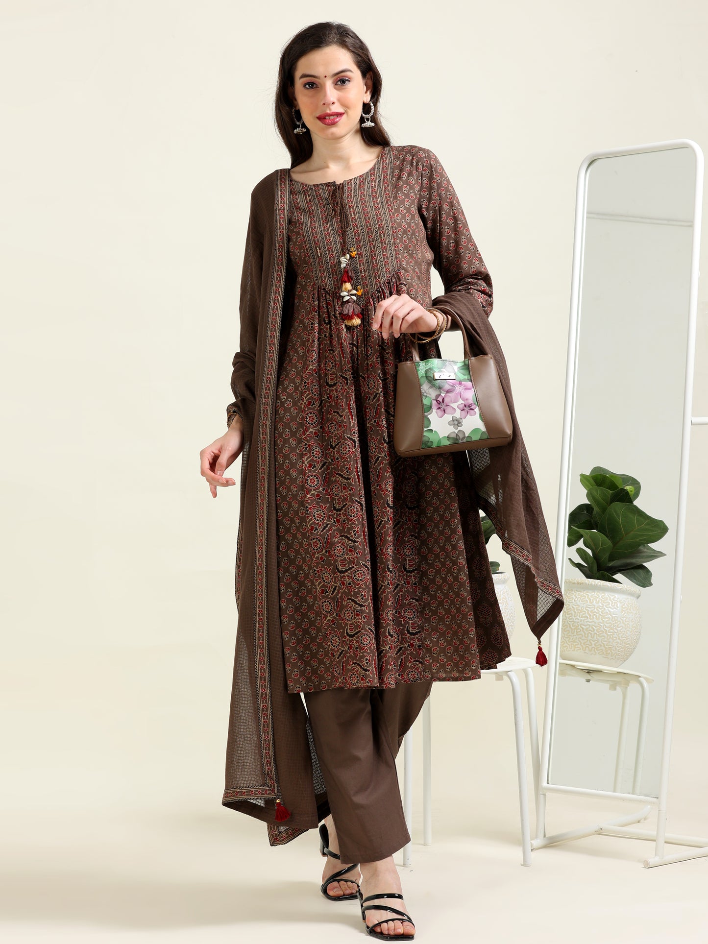 Brown Ajrak Printed Anarkali Cotton Set (1MF-1-C1)