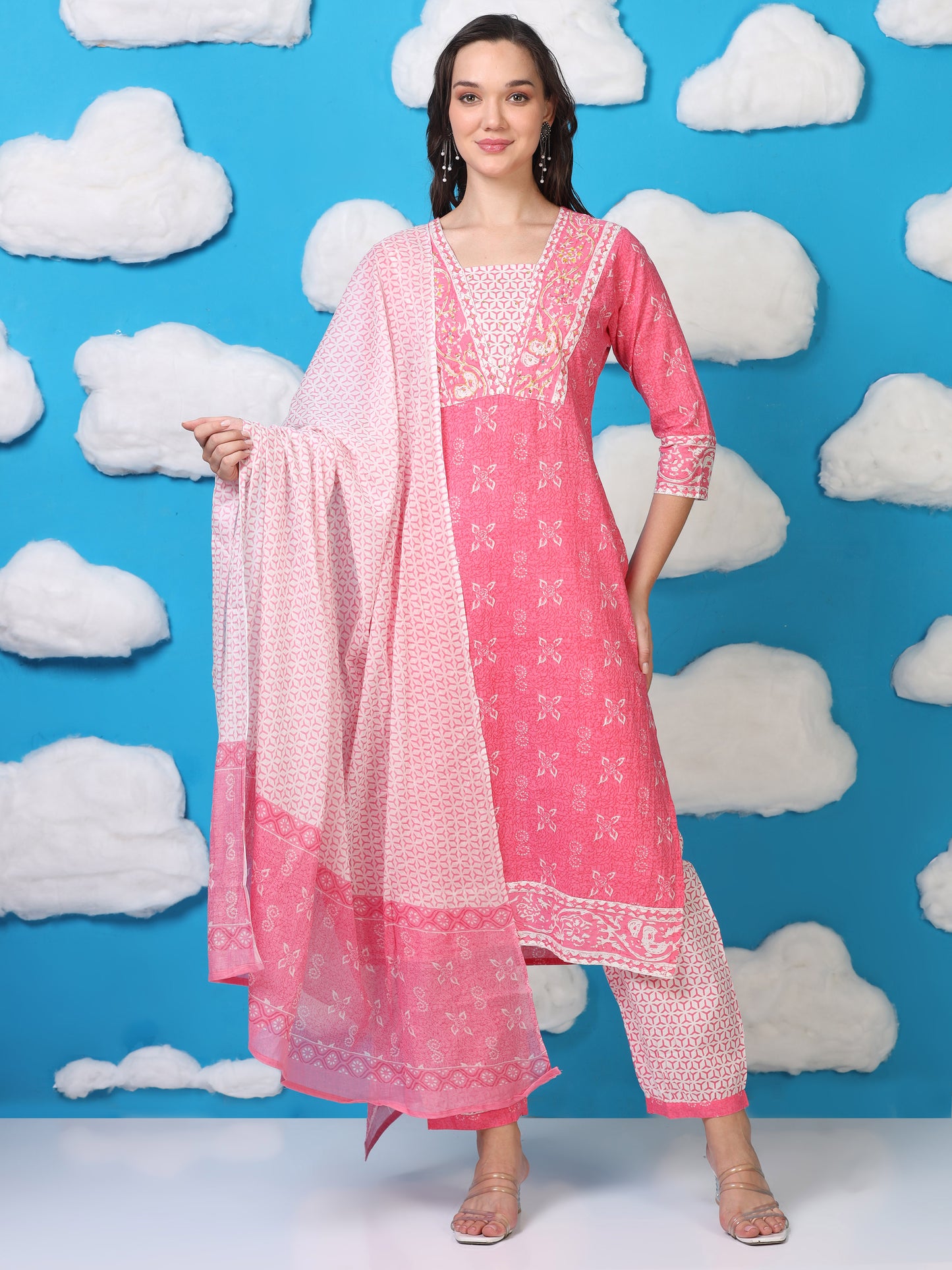 Blush Bloom – Pink Printed Cotton 3-Piece Set (2DF-2-C10)