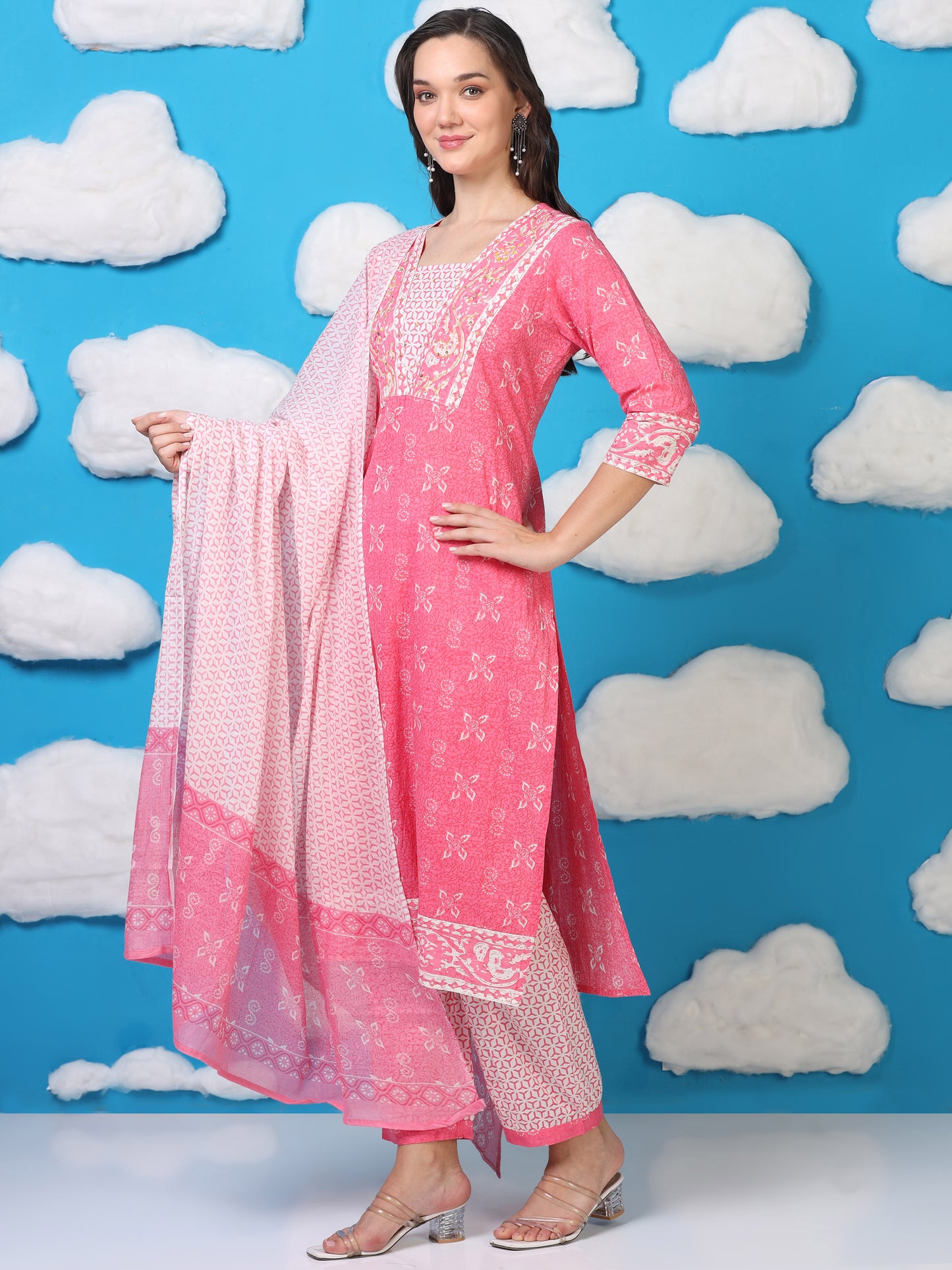 Blush Bloom – Pink Printed Cotton 3-Piece Set (2DF-2-C10)