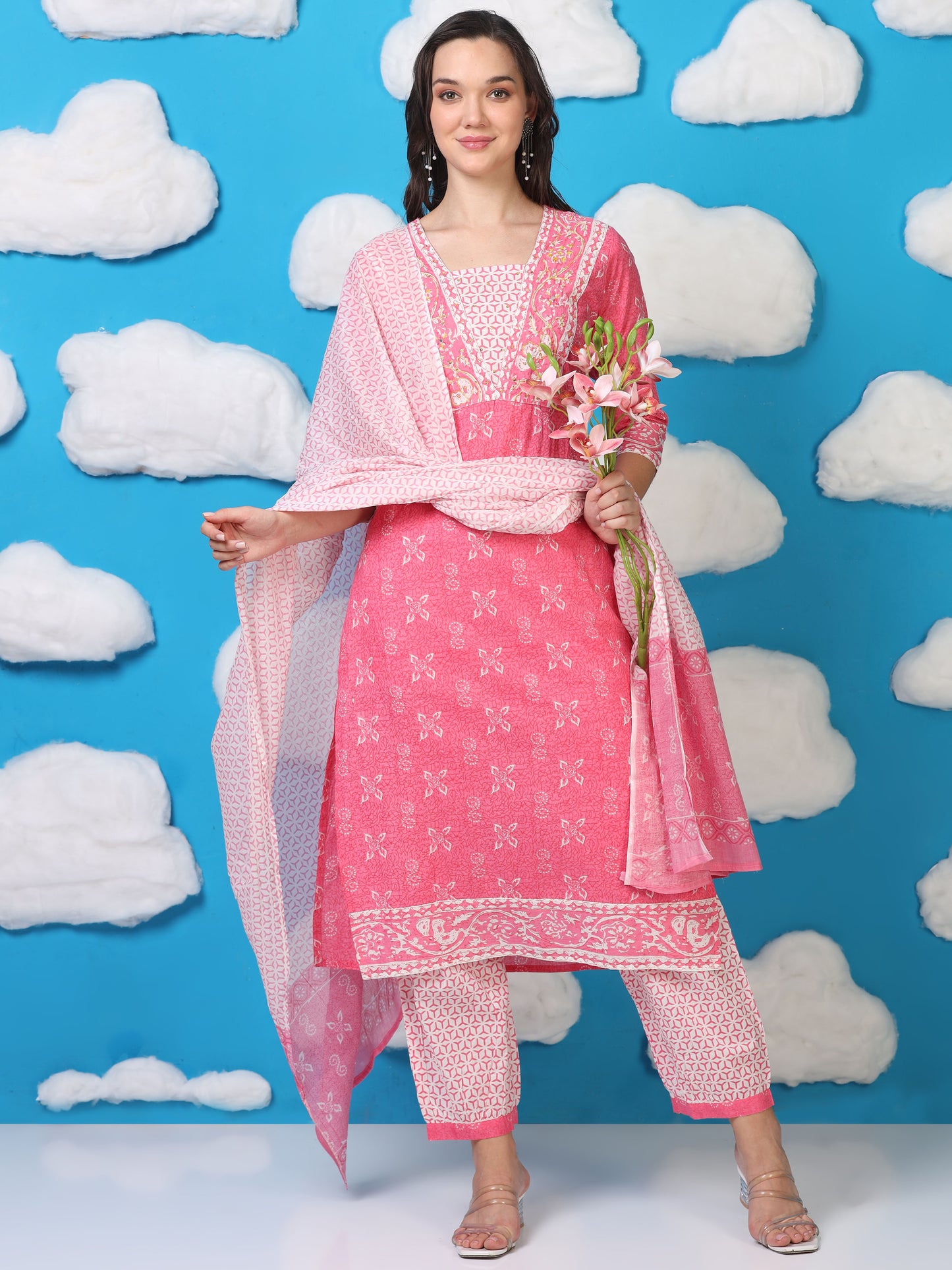 Blush Bloom – Pink Printed Cotton 3-Piece Set (2DF-2-C10)