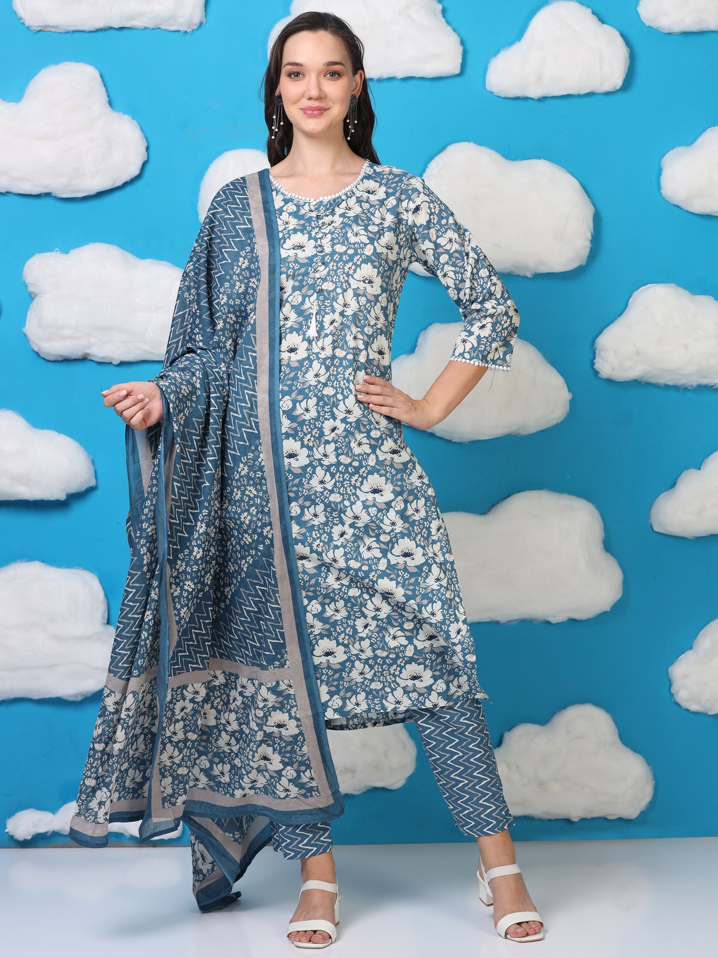 Blue Bloom – Blue & White Printed 3-Piece Set (2TP-6-C19)