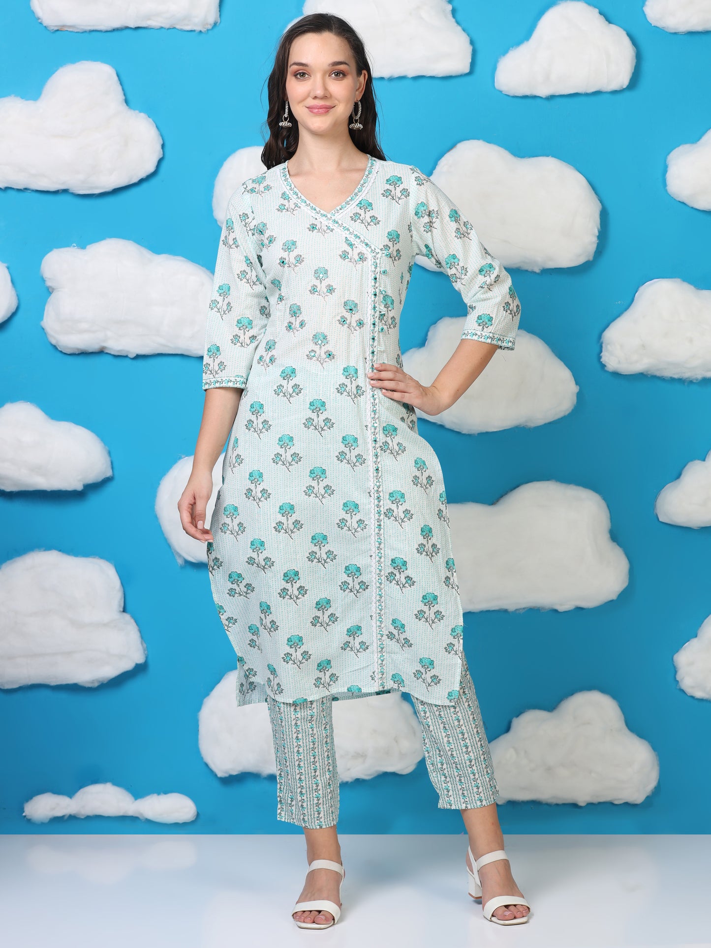 White & Blue Angrakha Cotton 3-Piece Set (2DF-6-C8)