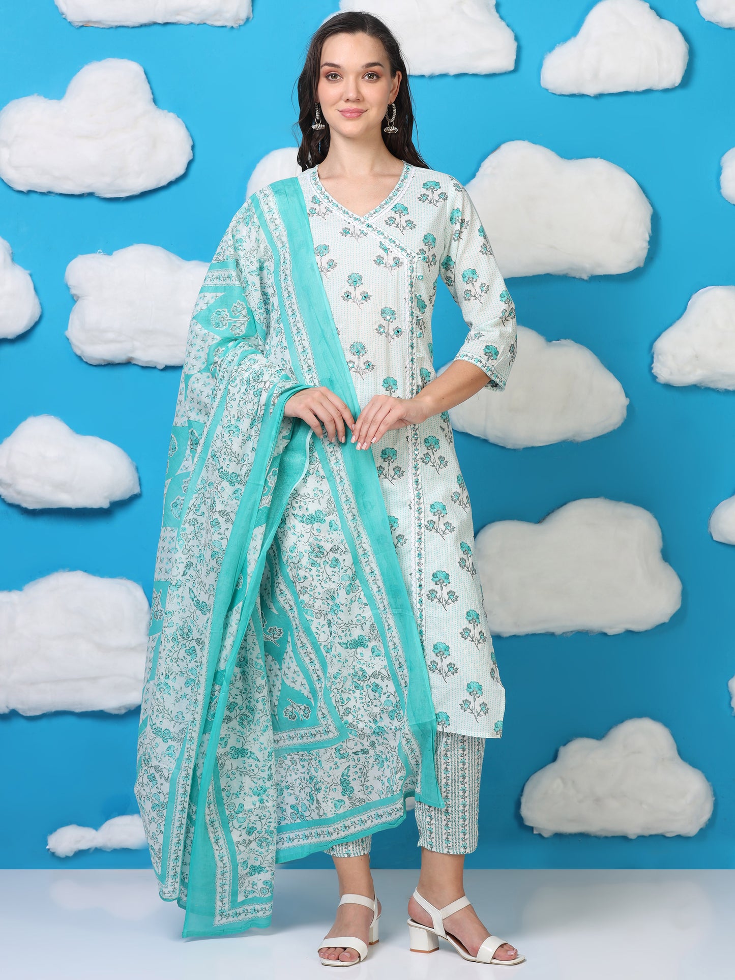 White & Blue Angrakha Cotton 3-Piece Set (2DF-6-C8)