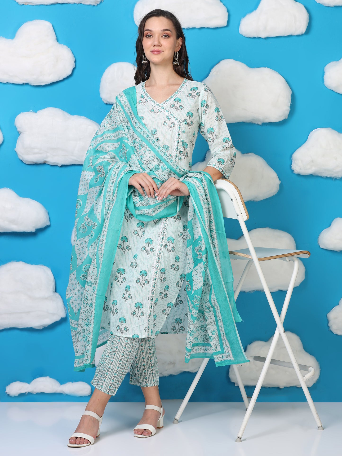 White & Blue Angrakha Cotton 3-Piece Set (2DF-6-C8)