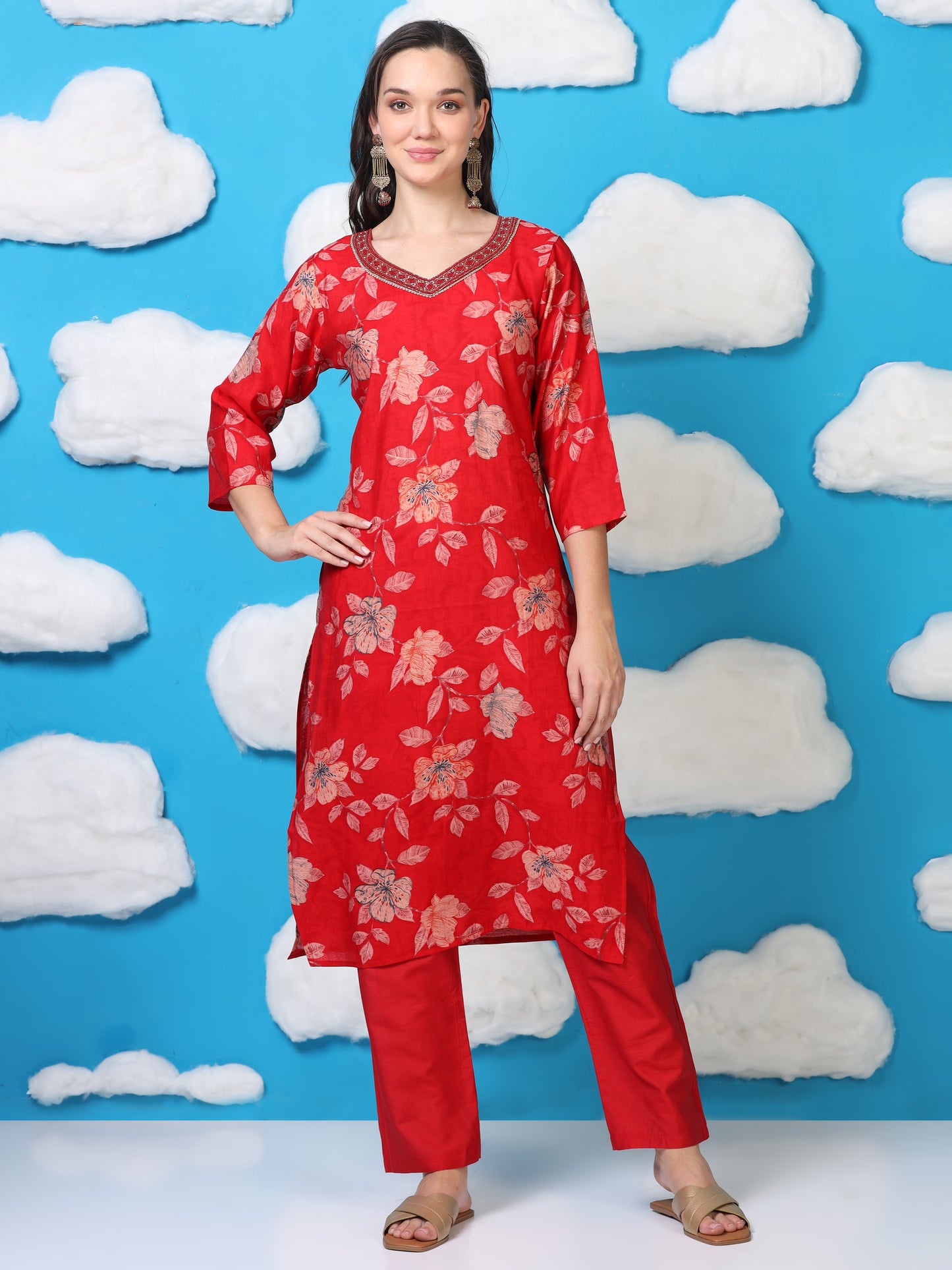 Scarlet Soirée – Red Printed Viscose-Cotton 3-Piece Set (1KI-2-C1)
