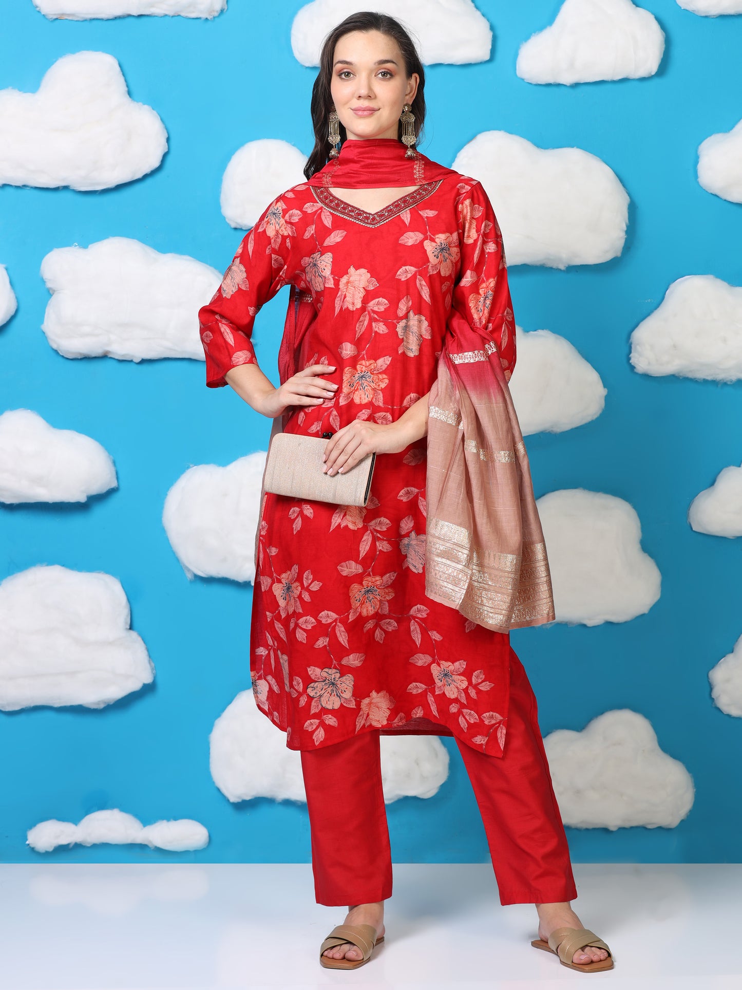Scarlet Soirée – Red Printed Viscose-Cotton 3-Piece Set (1KI-2-C1)