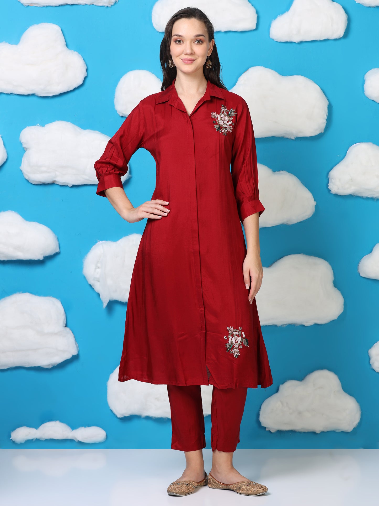 Crimson Crush – Red Satin Silk-Blend Shirt Style Co-ord Set (1KB-2-B3)