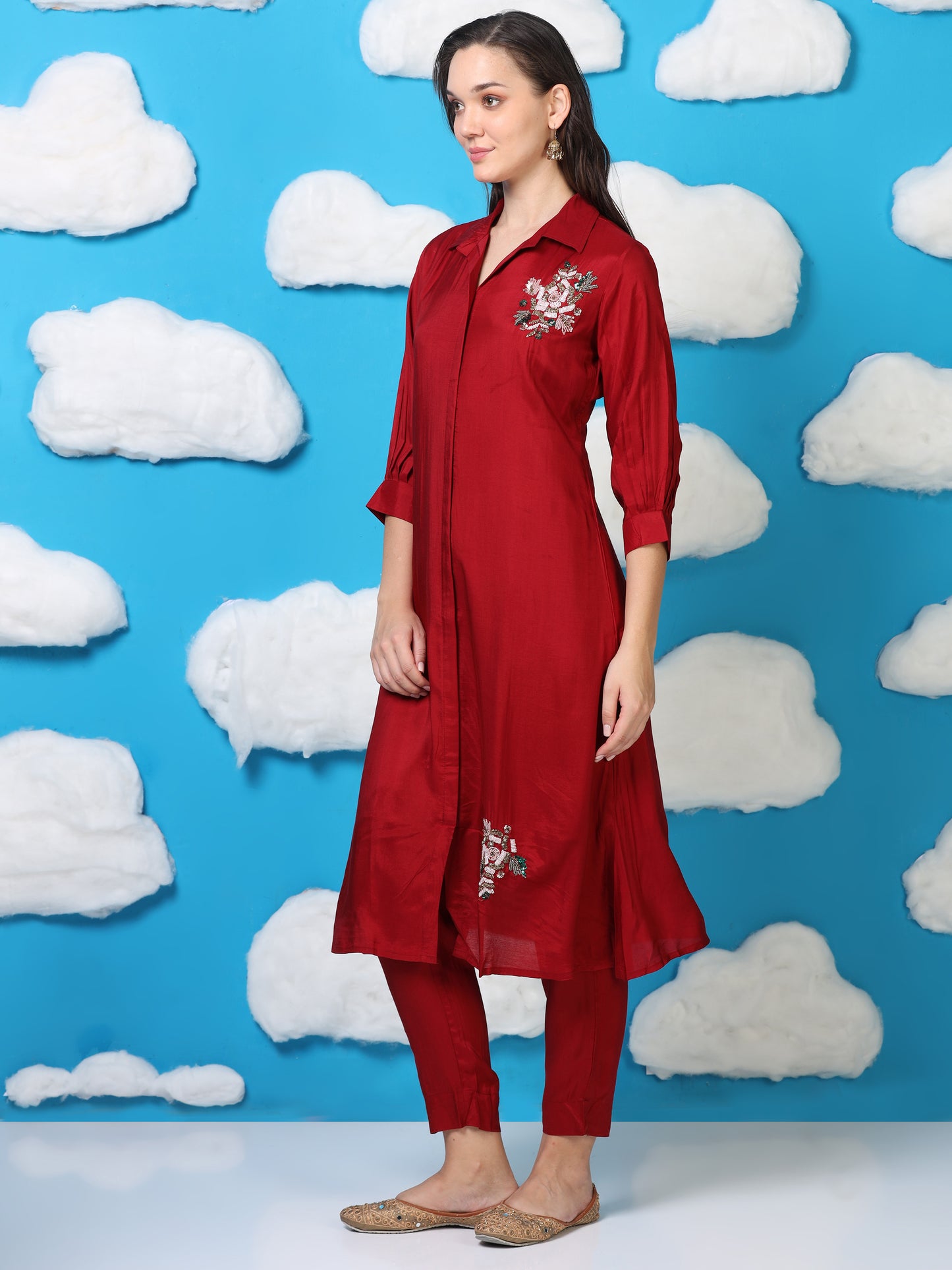 Crimson Crush – Red Satin Silk-Blend Shirt Style Co-ord Set (1KB-2-B3)