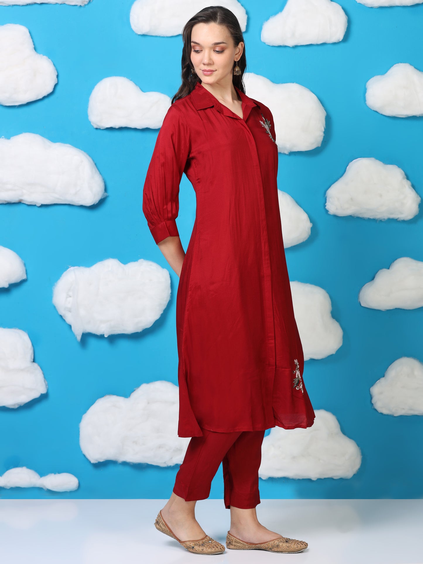 Crimson Crush – Red Satin Silk-Blend Shirt Style Co-ord Set (1KB-2-B3)