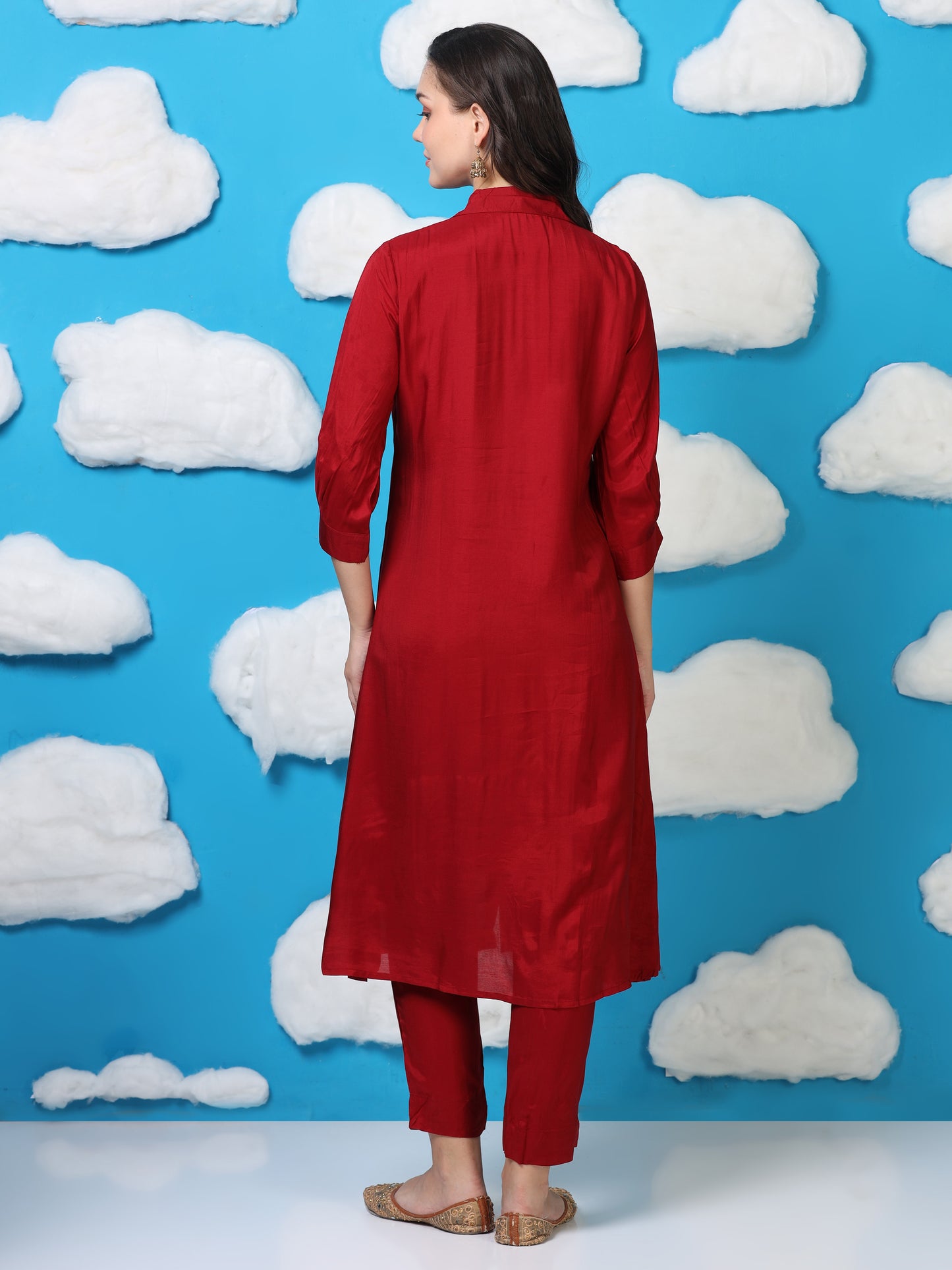 Crimson Crush – Red Satin Silk-Blend Shirt Style Co-ord Set (1KB-2-B3)