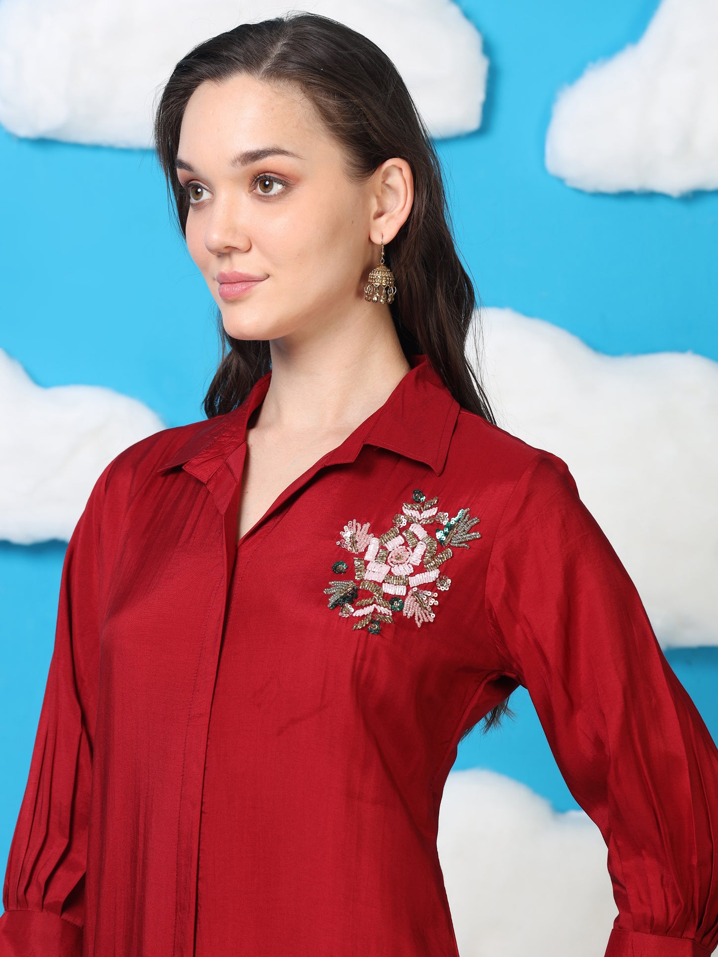 Crimson Crush – Red Satin Silk-Blend Shirt Style Co-ord Set (1KB-2-B3)