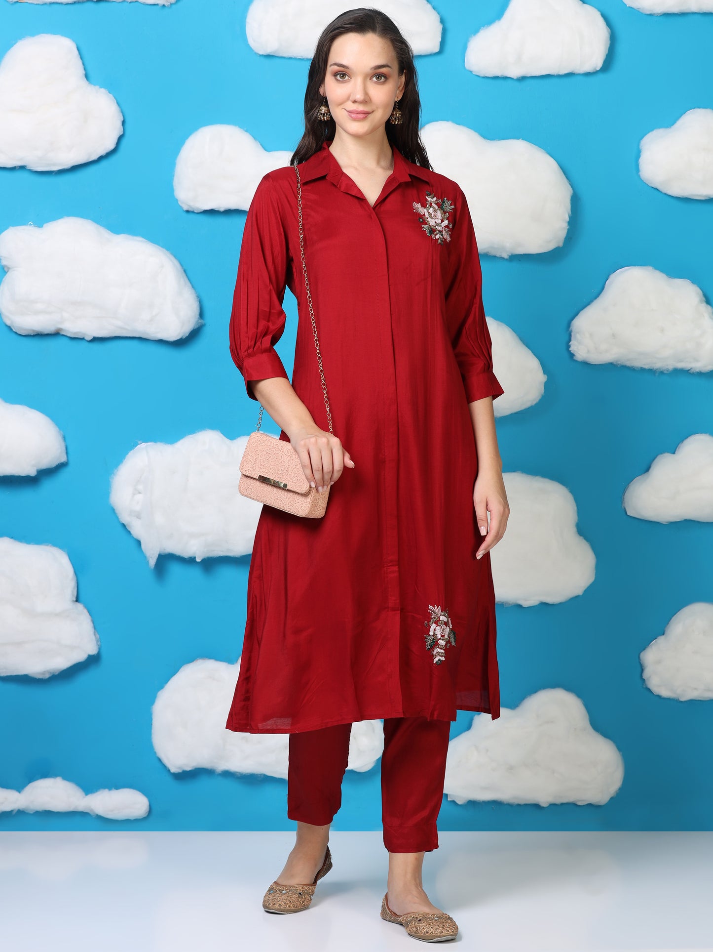Crimson Crush – Red Satin Silk-Blend Shirt Style Co-ord Set (1KB-2-B3)