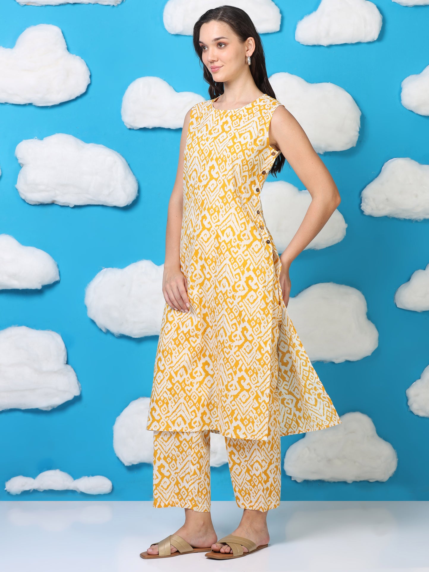 Ochre Aura – Sleeveless Printed Cotton Co-ord Set (2DF-4-B13)
