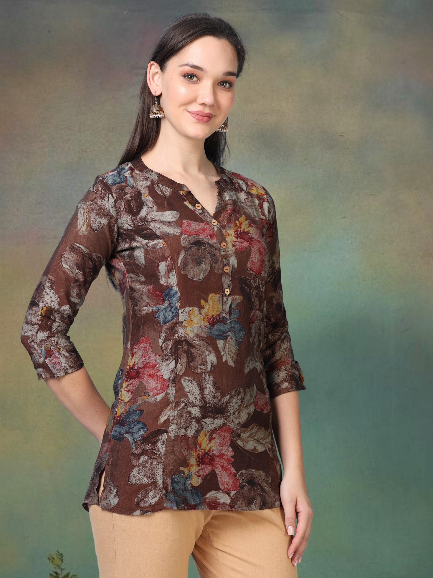 Mocha Bloom – Floral Printed Short Brown Cotton Kurti (1NH-1-A1)