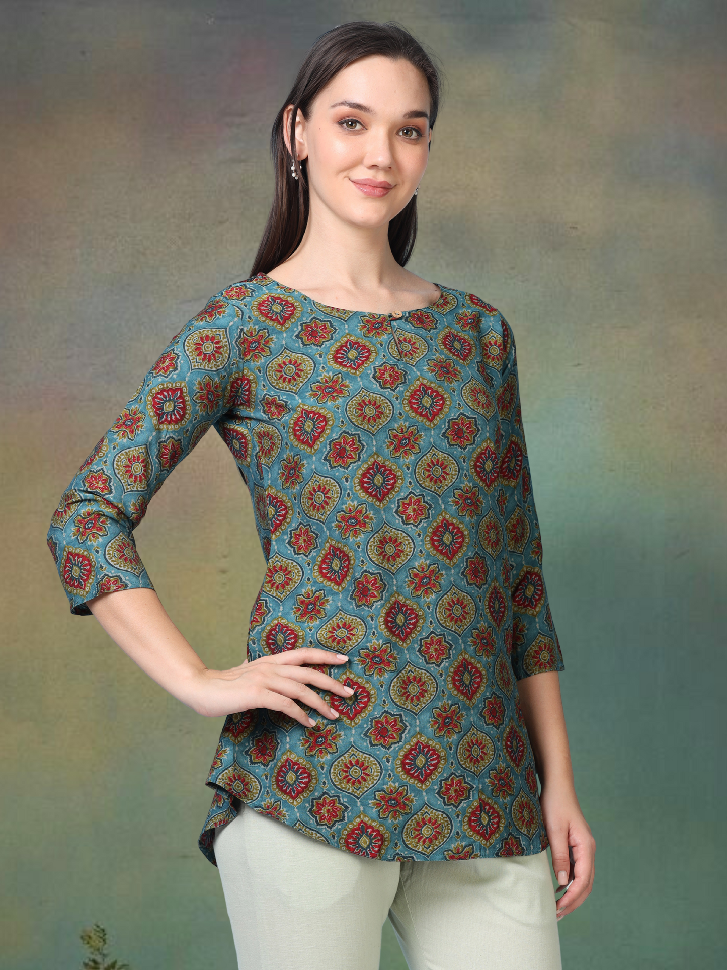 Skyline Charm – Printed Short Blue Cotton Kurti (1NH-6-A16)