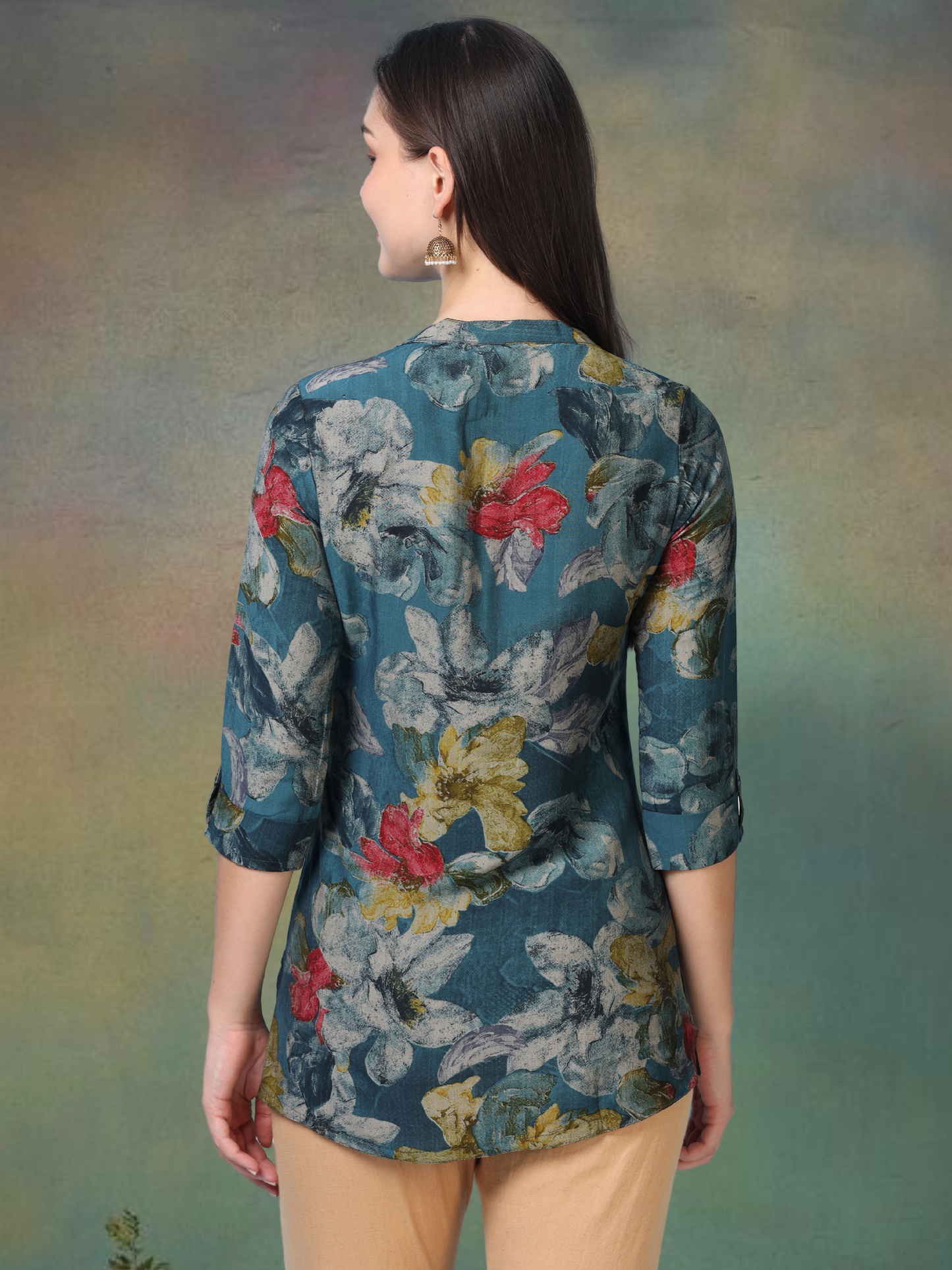 Sky Bloom – Floral Printed Short Blue Cotton Kurti (1NH-6-A2)