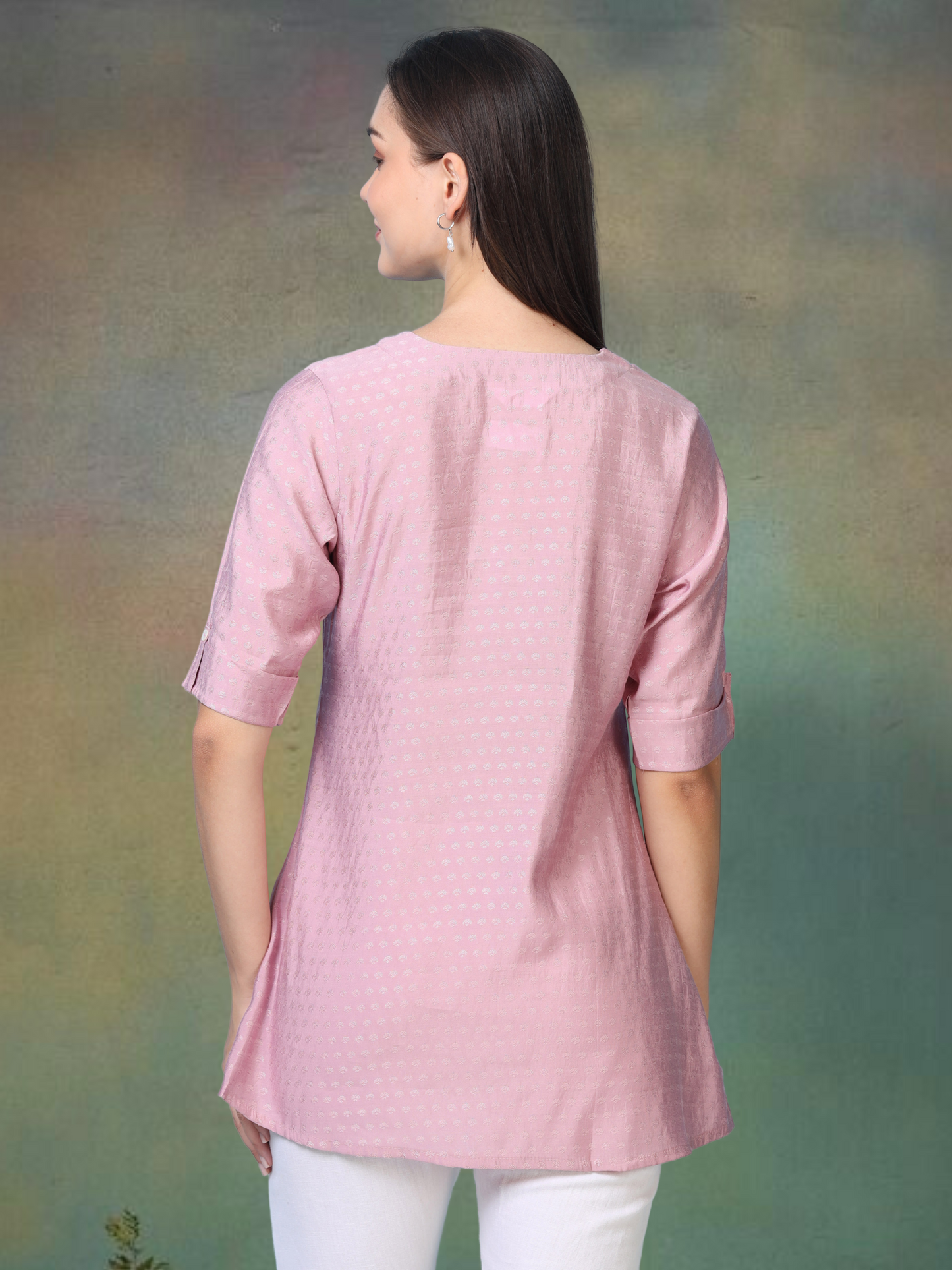 Blush Bloom – Self-Jacquard Pink Short Kurti (1NH-2-A18)