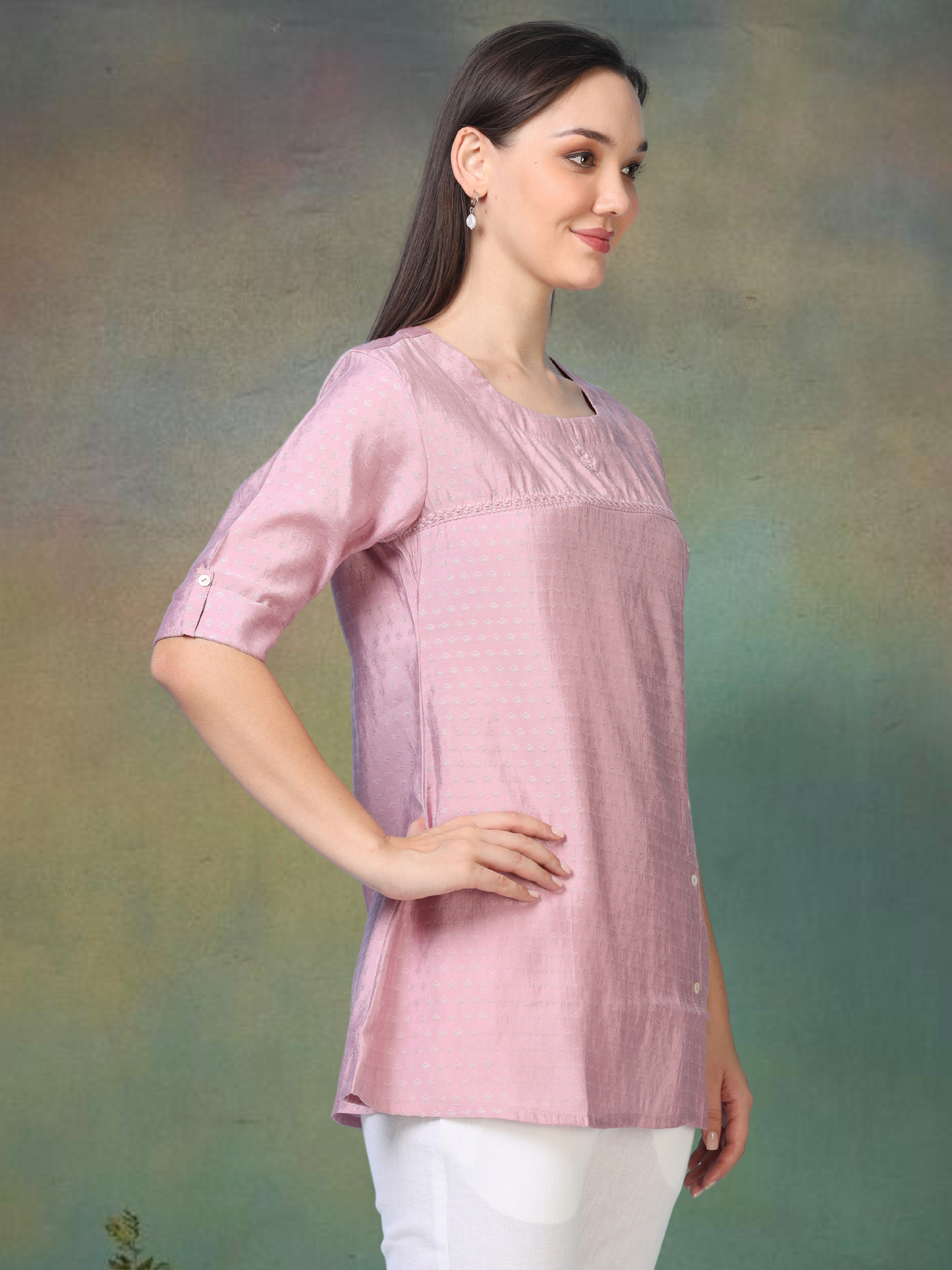 Blush Bloom – Self-Jacquard Pink Short Kurti (1NH-2-A18)