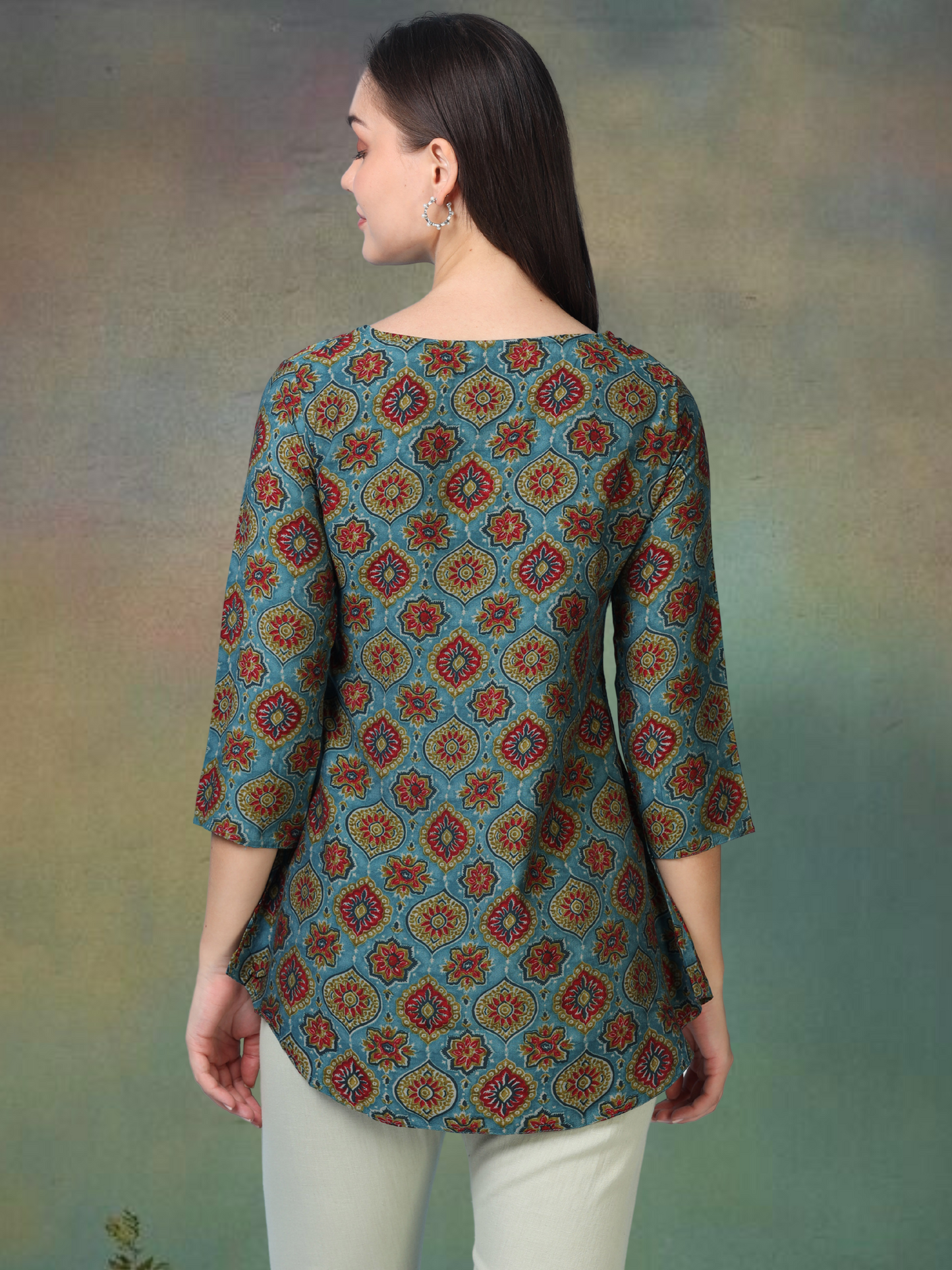 Skyline Charm – Printed Short Blue Cotton Kurti (1NH-6-A16)