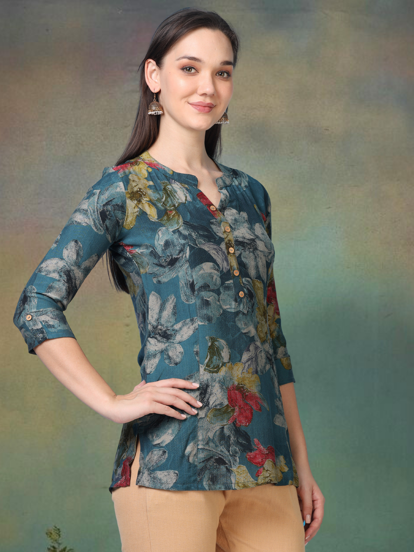 Sky Bloom – Floral Printed Short Blue Cotton Kurti (1NH-6-A2)