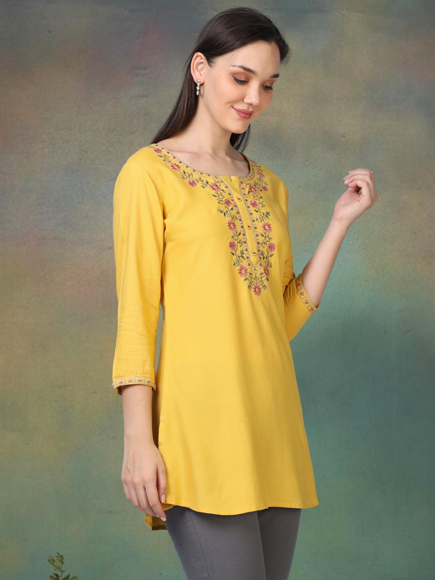 Yellow Sunny Bloom – Embroidered Short Cotton Kurti (2PS-4-A1)