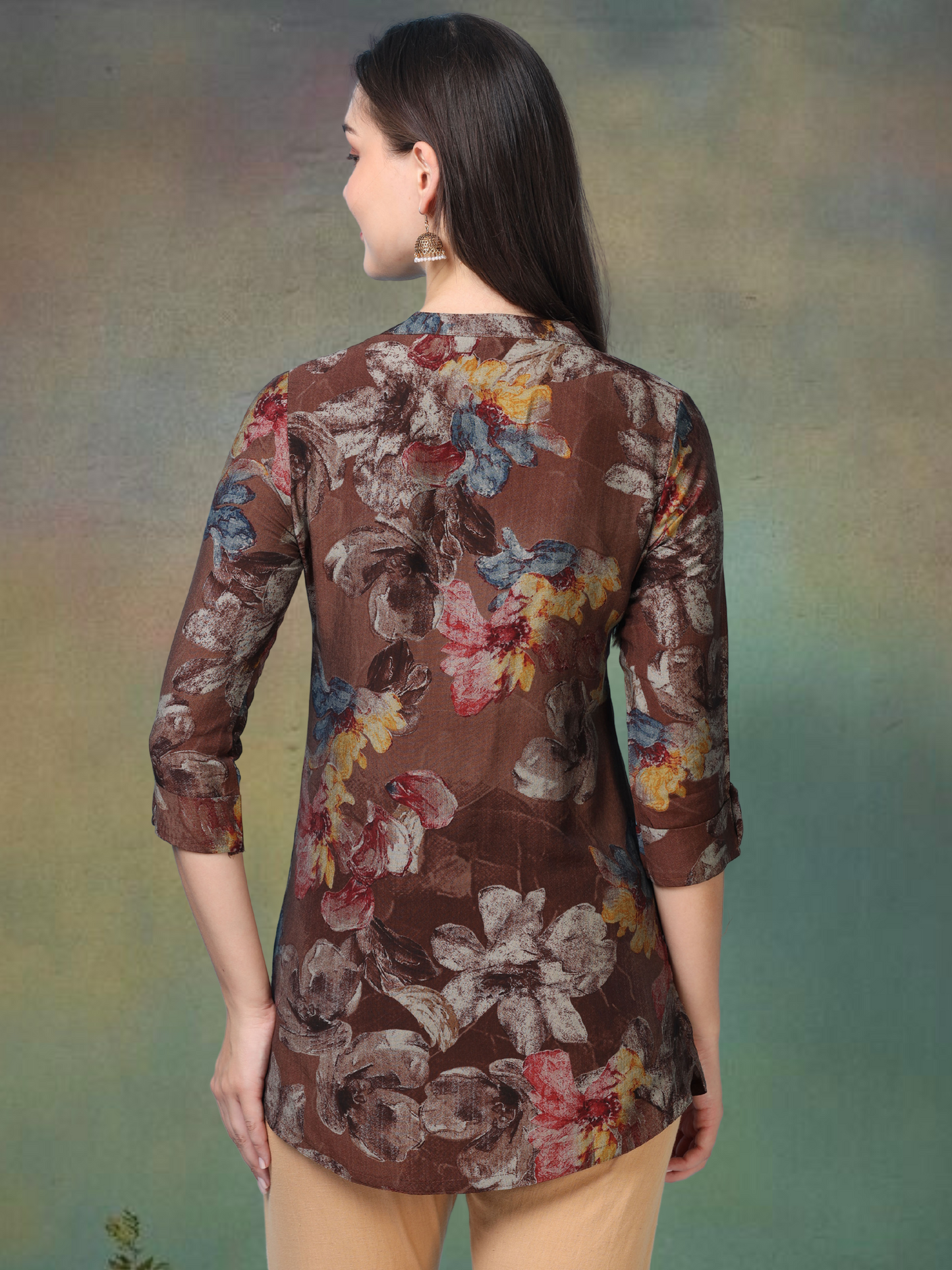 Mocha Bloom – Floral Printed Short Brown Cotton Kurti (1NH-1-A1)