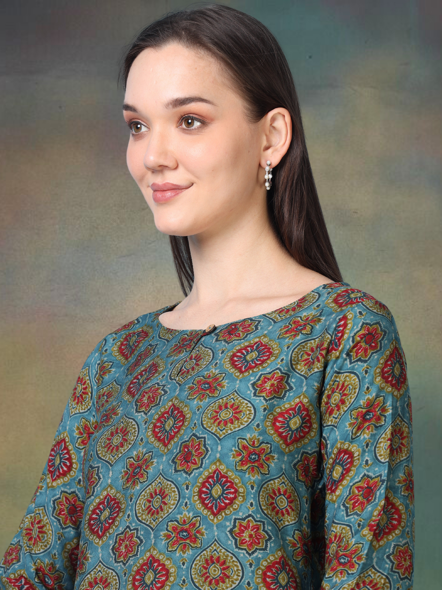 Skyline Charm – Printed Short Blue Cotton Kurti (1NH-6-A16)
