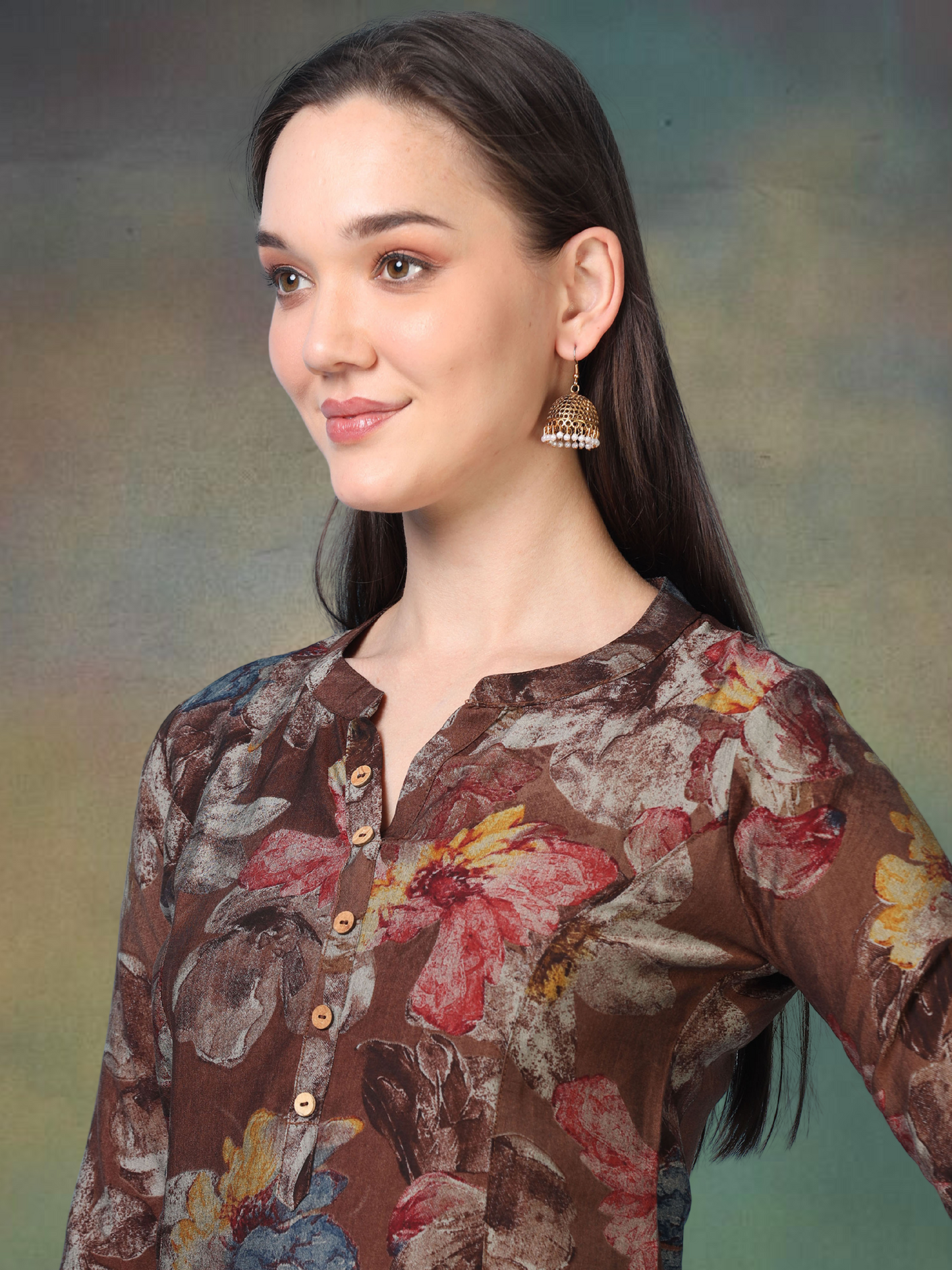 Mocha Bloom – Floral Printed Short Brown Cotton Kurti (1NH-1-A1)