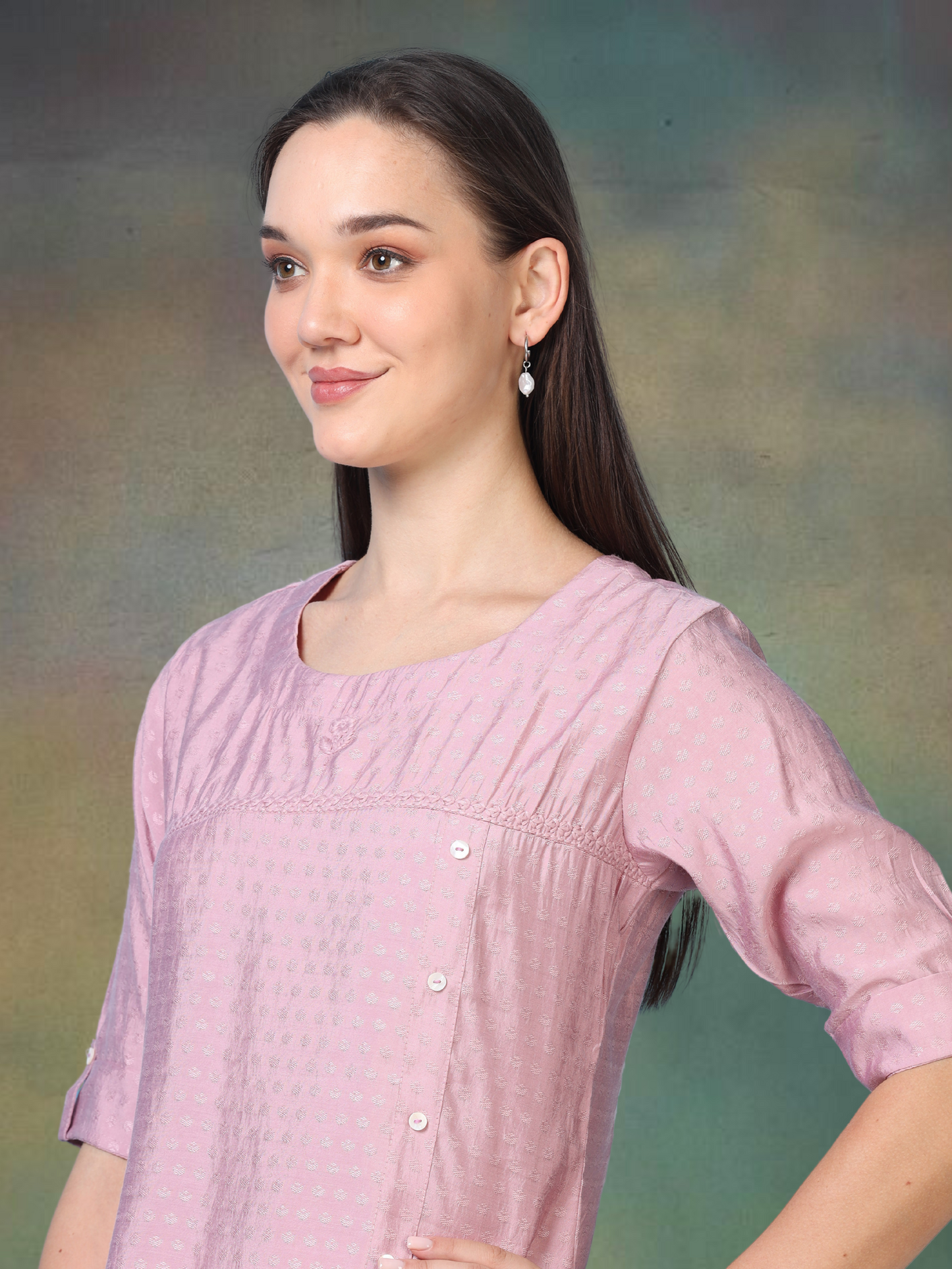 Blush Bloom – Self-Jacquard Pink Short Kurti (1NH-2-A18)
