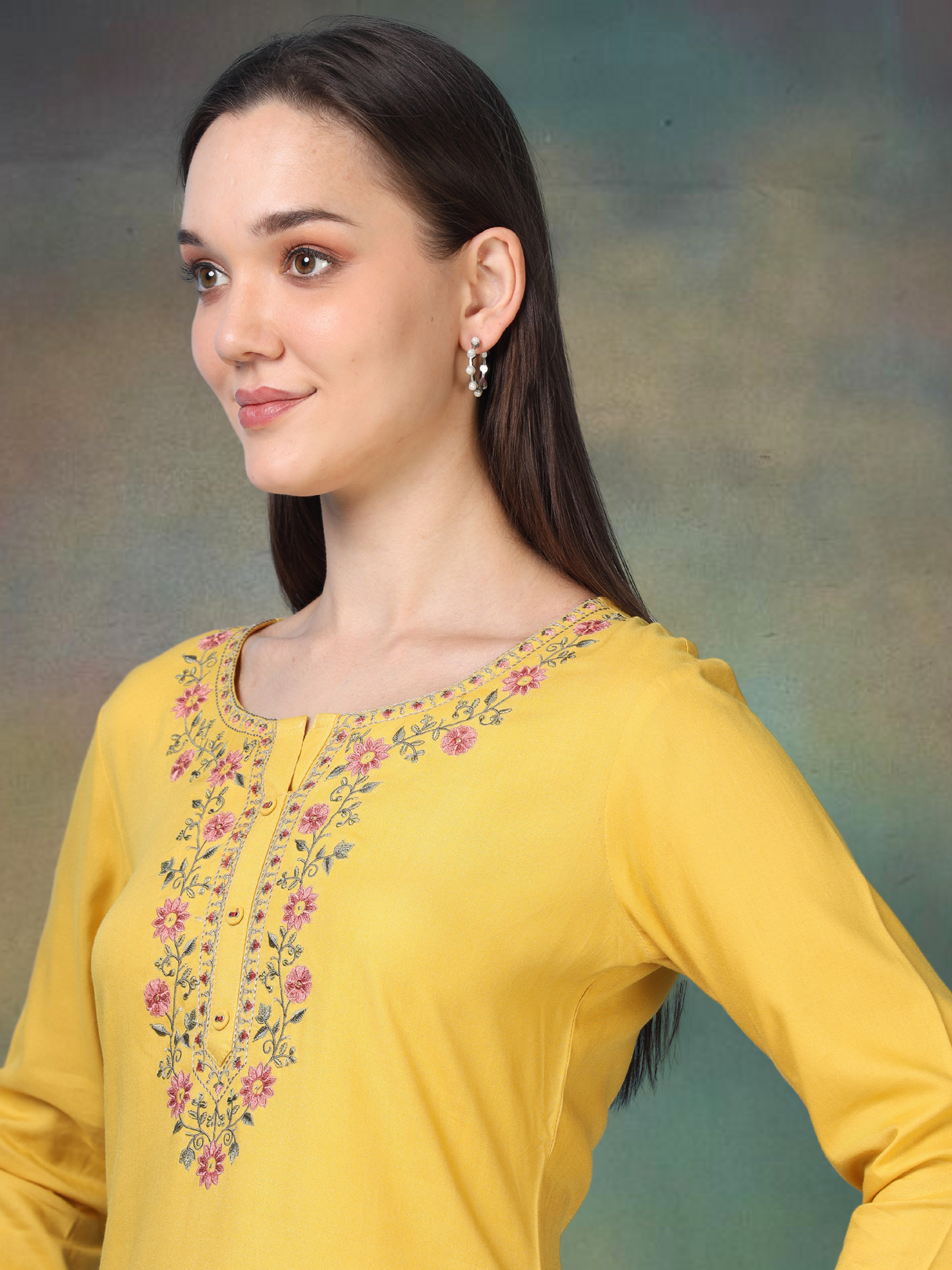 Yellow Sunny Bloom – Embroidered Short Cotton Kurti (2PS-4-A1)