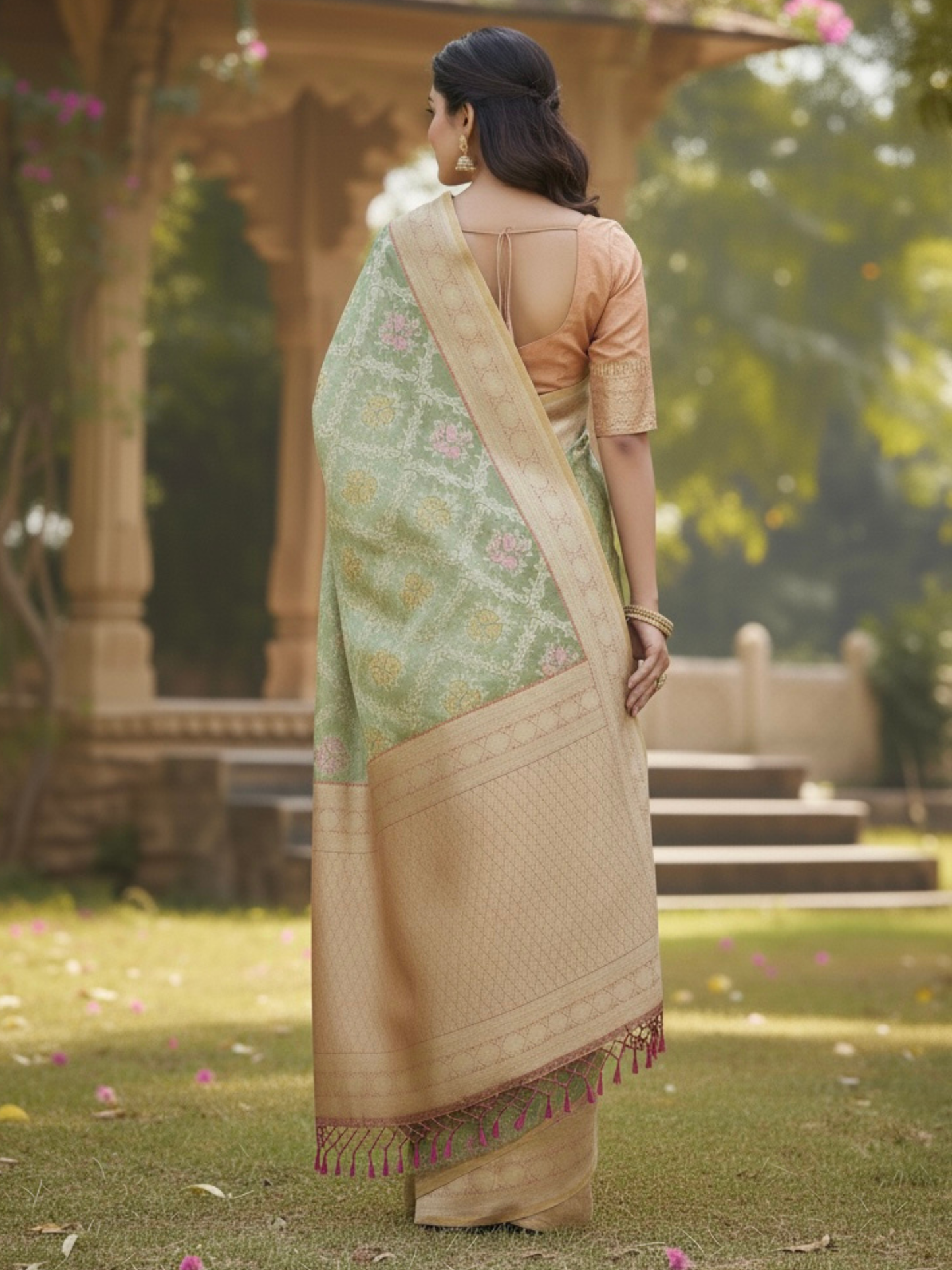 Peach-Leaf Glow – Tissue Art Silk Saree (G-PC-521003)