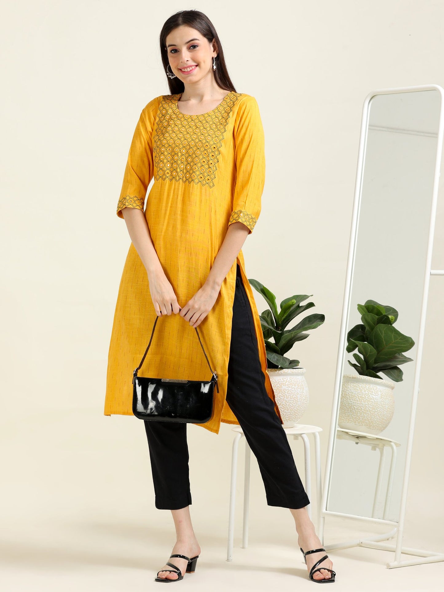 Mustard Mirror Magic – Straight Cotton Kurti (1JD-4-A10)