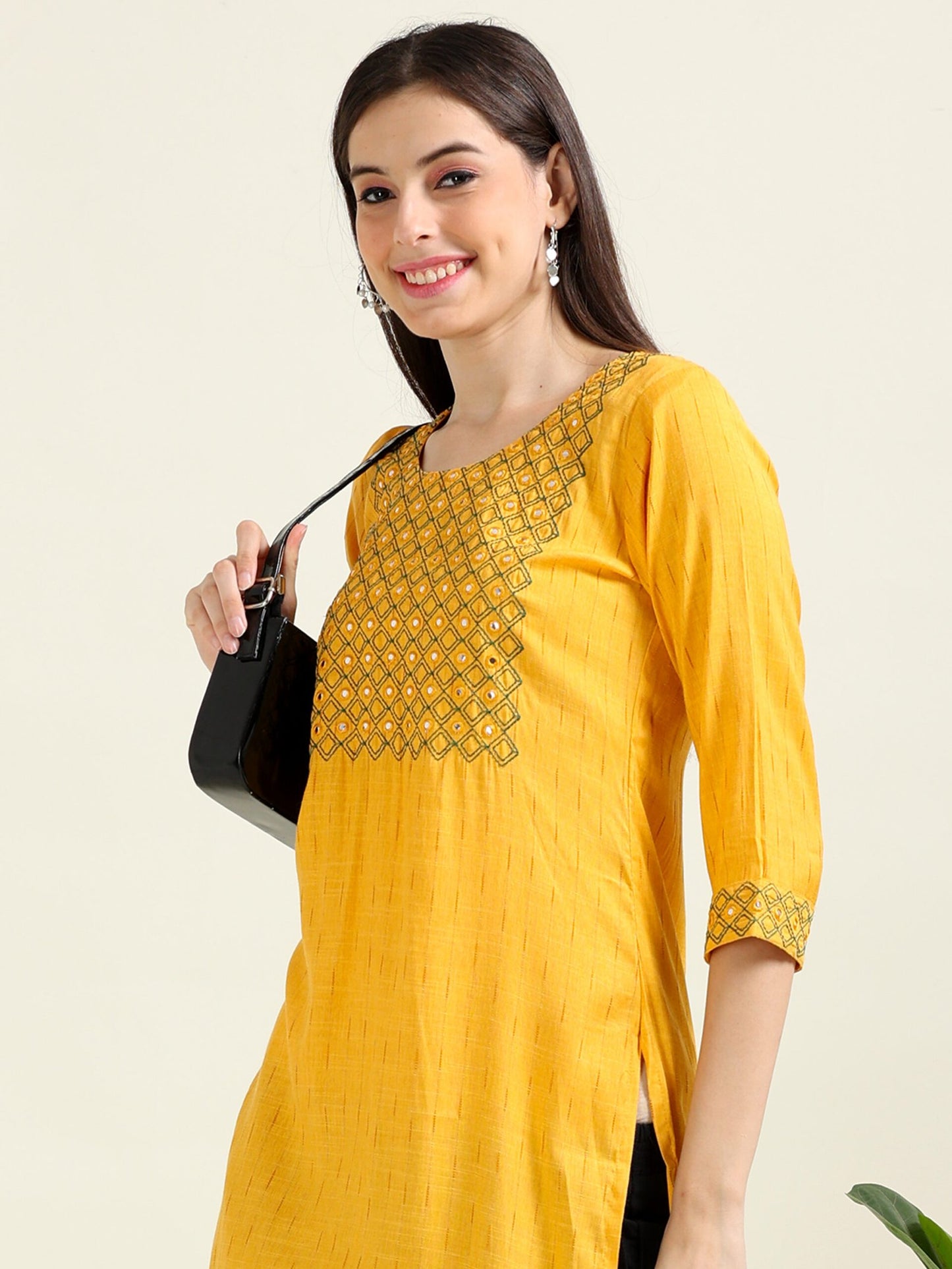Mustard Mirror Magic – Straight Cotton Kurti (1JD-4-A10)