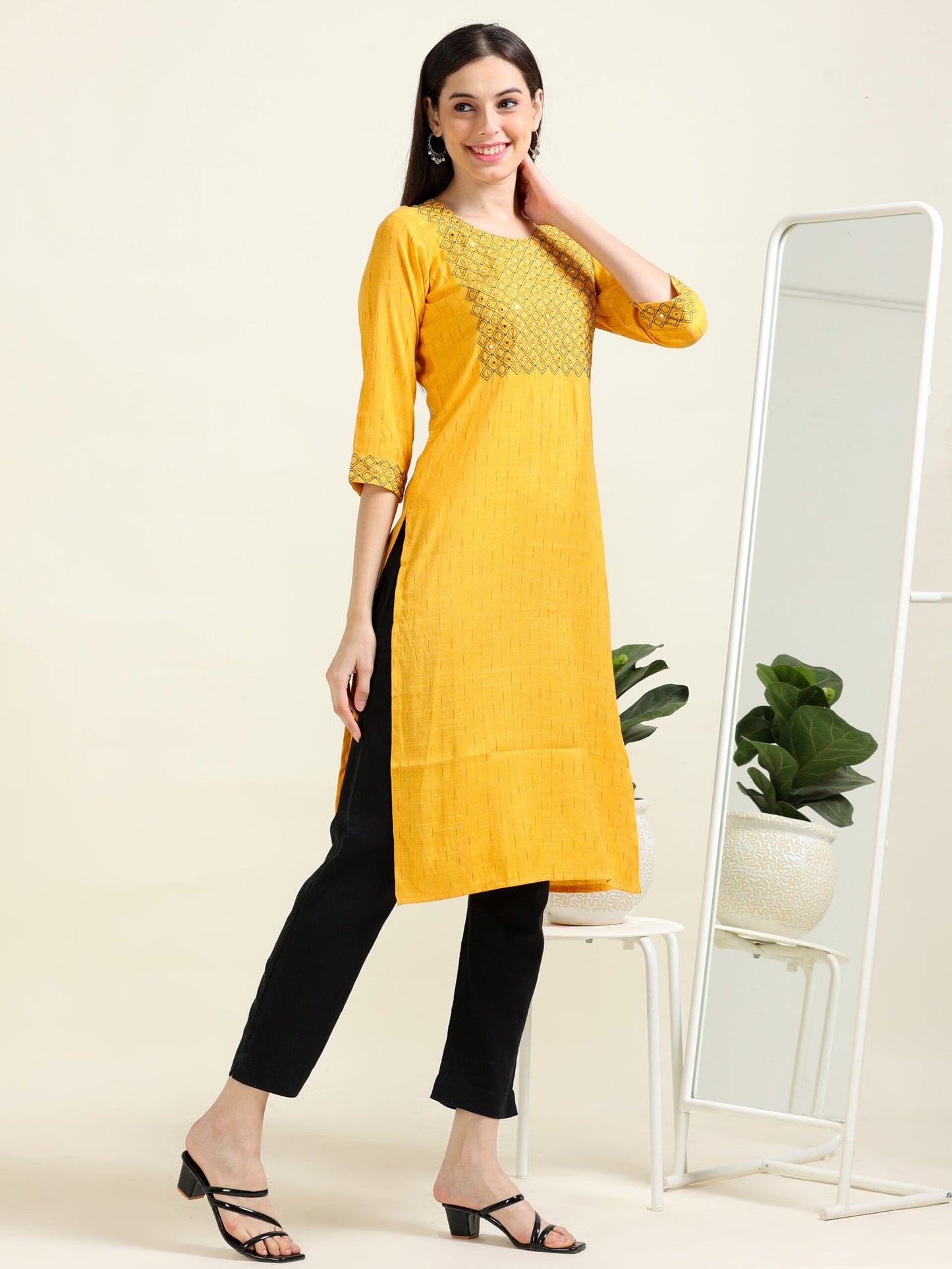 Mustard Mirror Magic – Straight Cotton Kurti (1JD-4-A10)