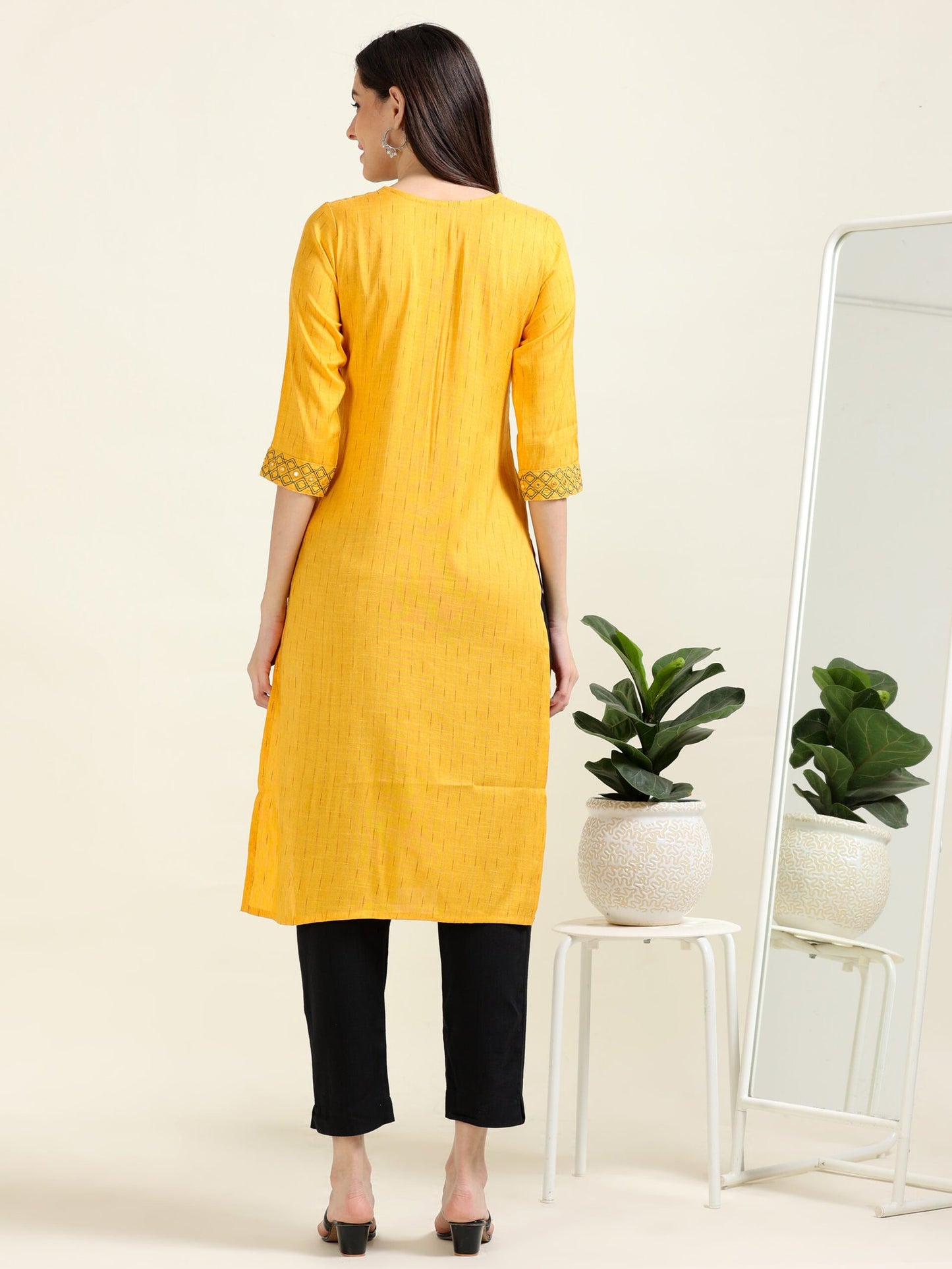 Mustard Mirror Magic – Straight Cotton Kurti (1JD-4-A10)