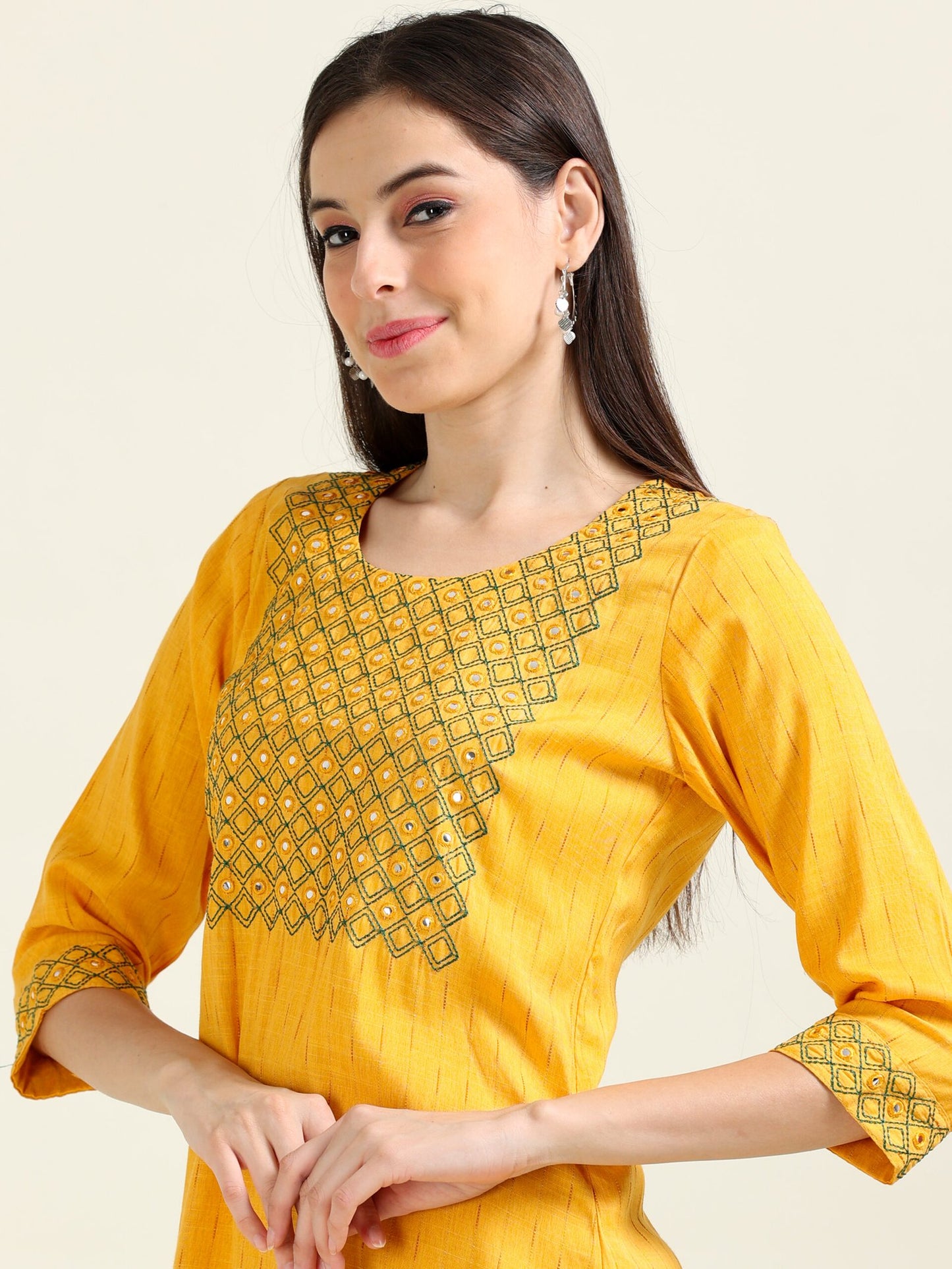 Mustard Mirror Magic – Straight Cotton Kurti (1JD-4-A10)