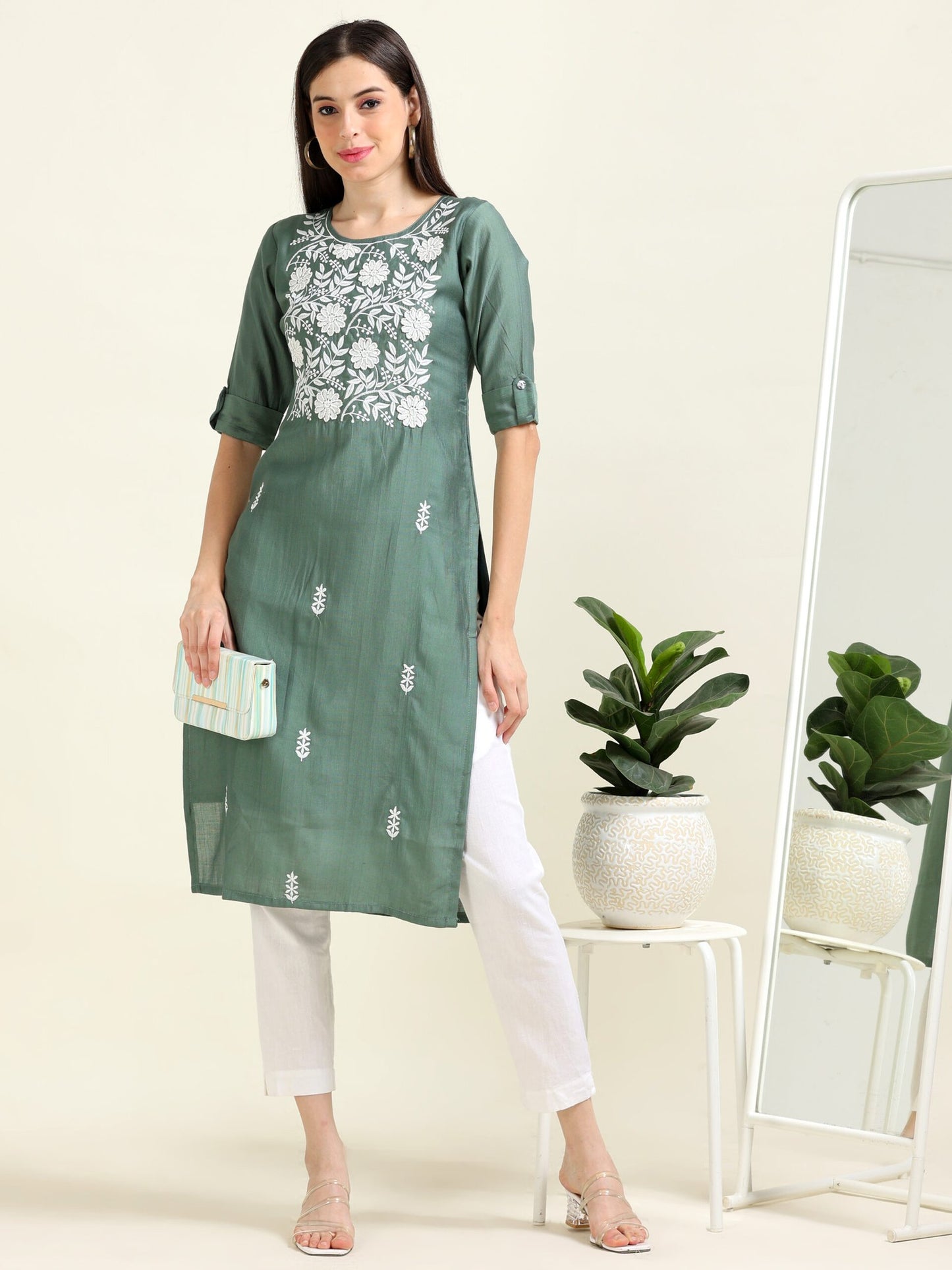 Sea Green Pearl Perfection – Straight Cotton Blend Kurti (1JD-5-A2)