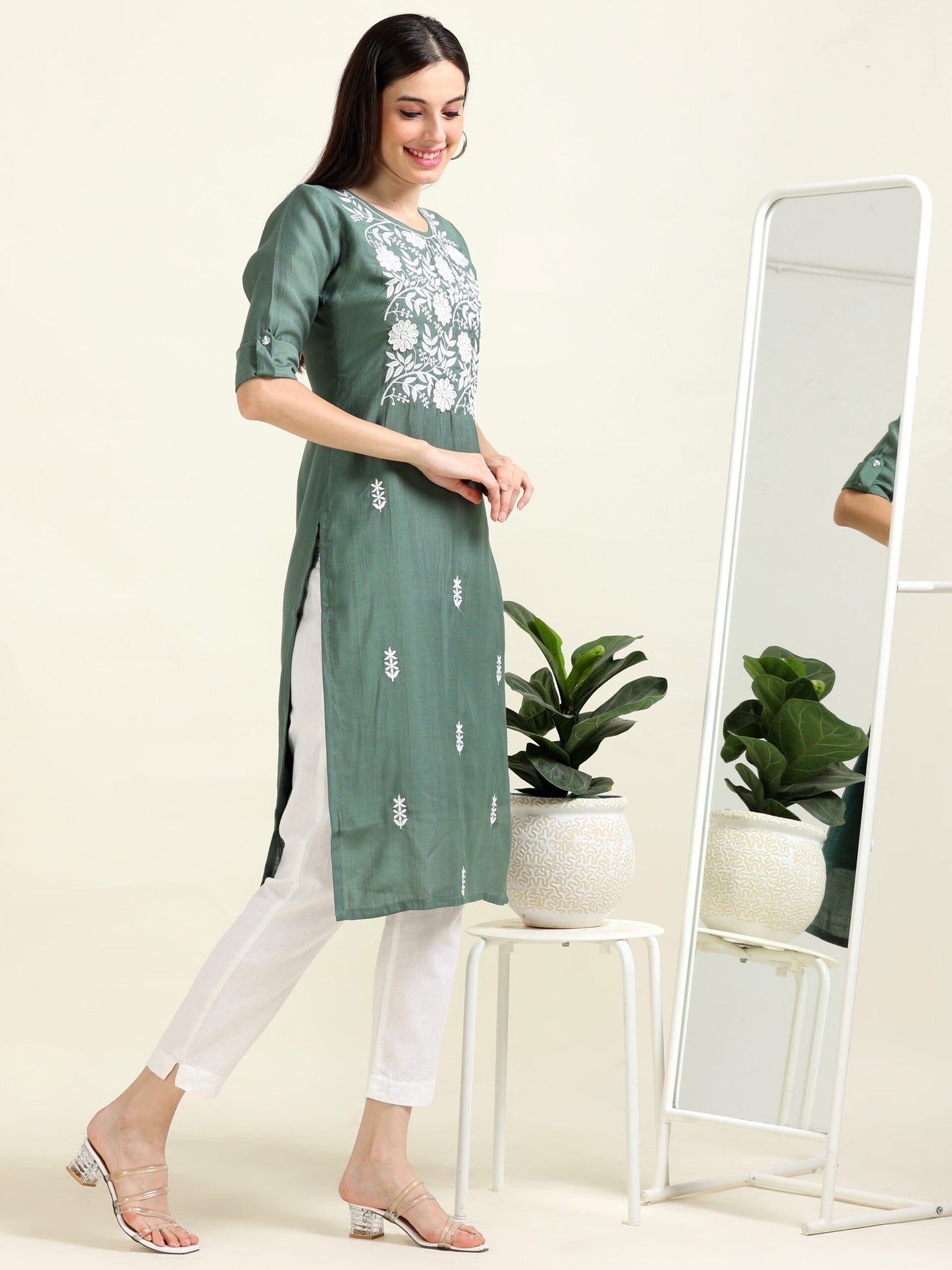Sea Green Pearl Perfection – Straight Cotton Blend Kurti (1JD-5-A2)