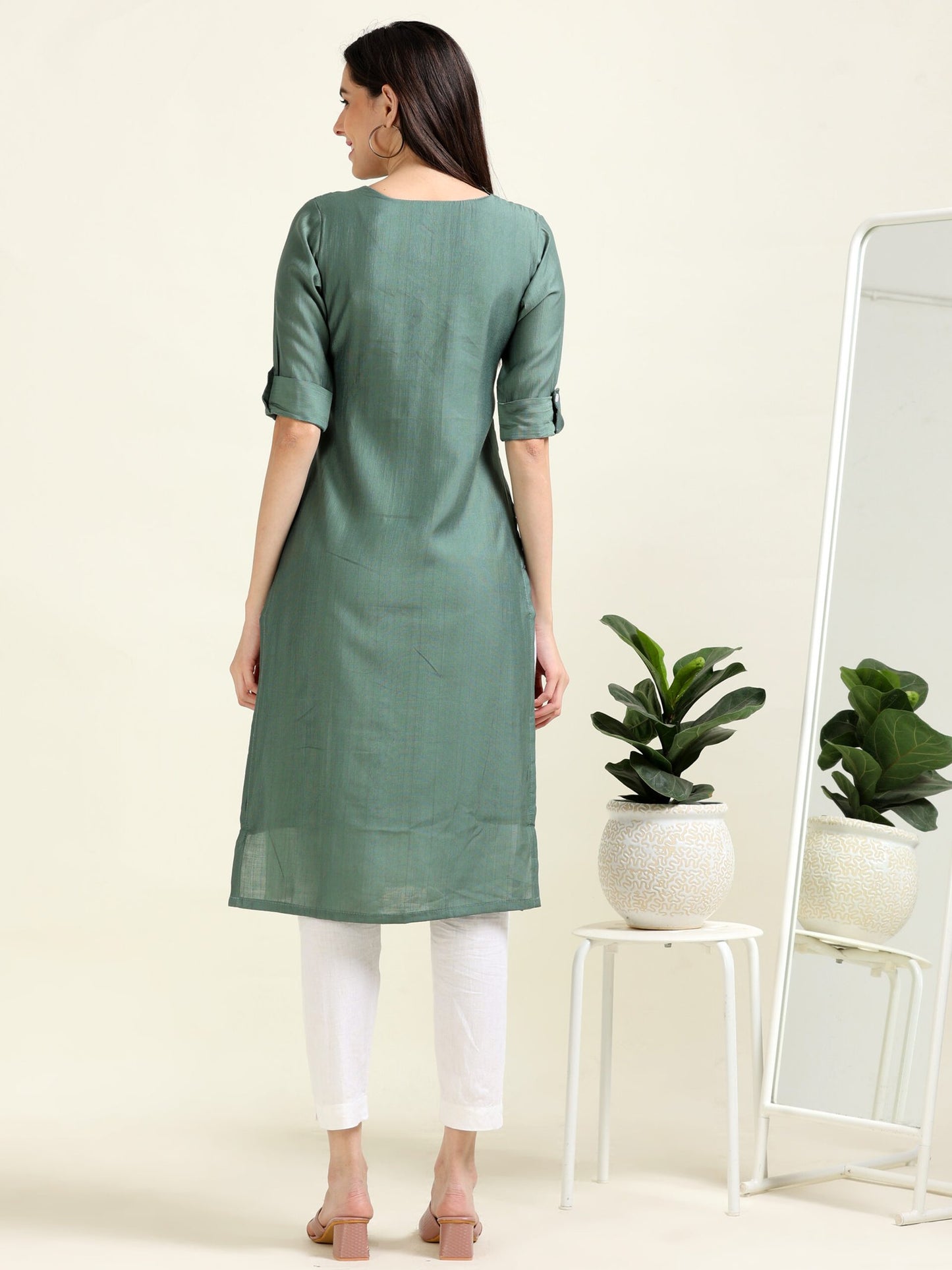 Sea Green Pearl Perfection – Straight Cotton Blend Kurti (1JD-5-A2)