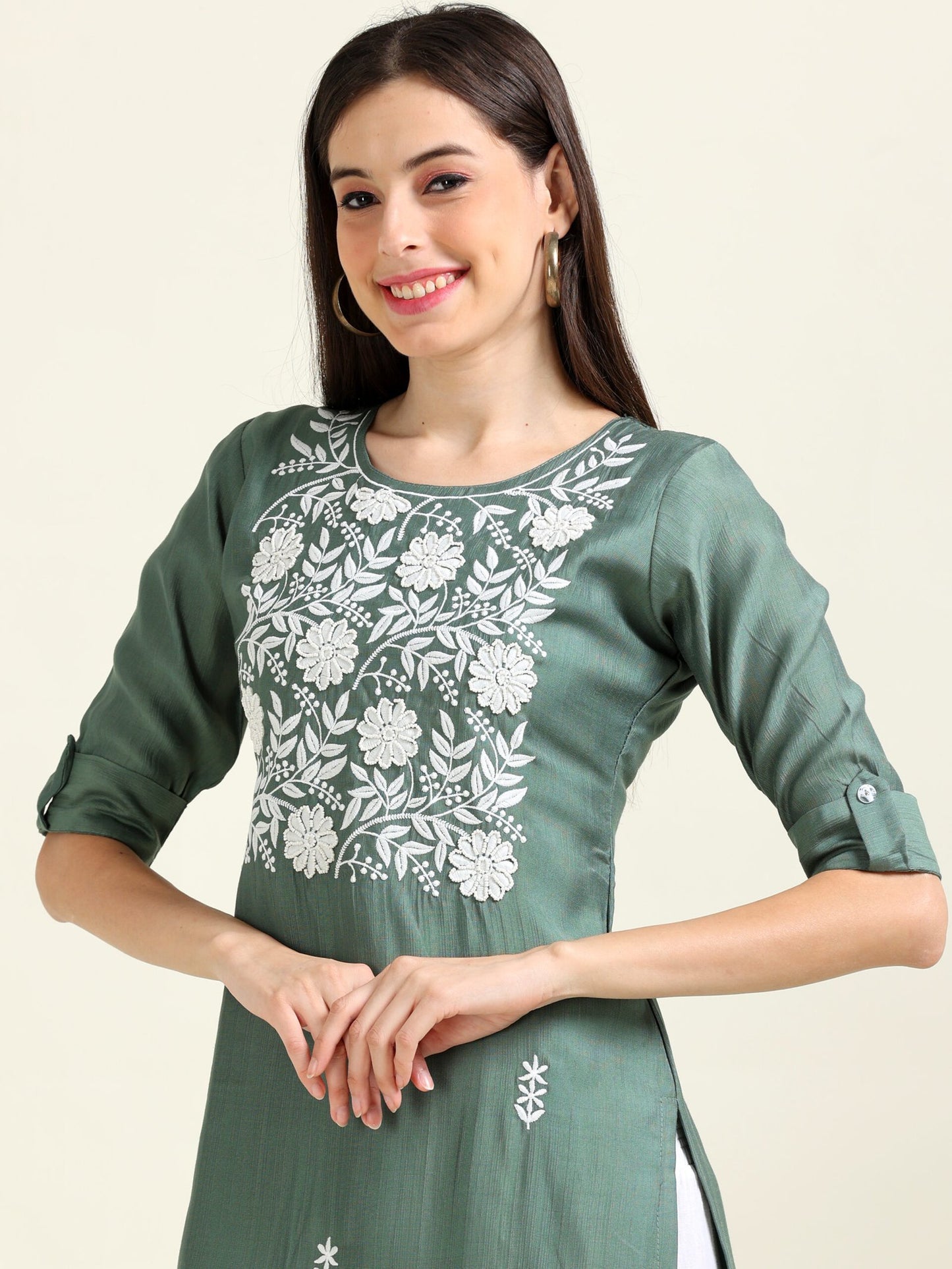 Sea Green Pearl Perfection – Straight Cotton Blend Kurti (1JD-5-A2)