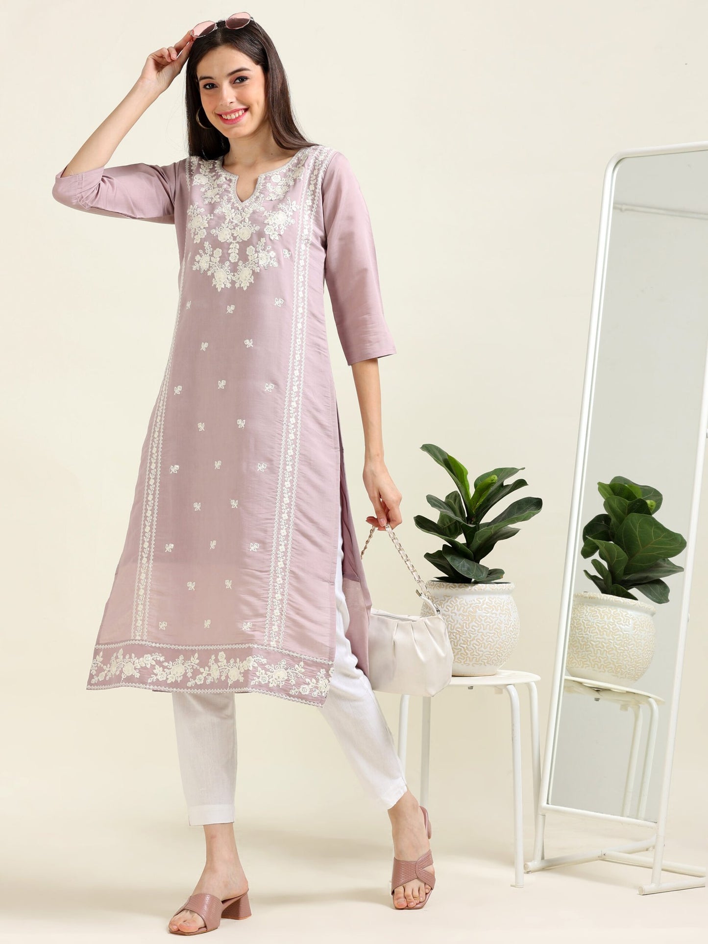Lilac Boss Babe – Thread Embroidered Cotton Kurti (1JD-7-A6)