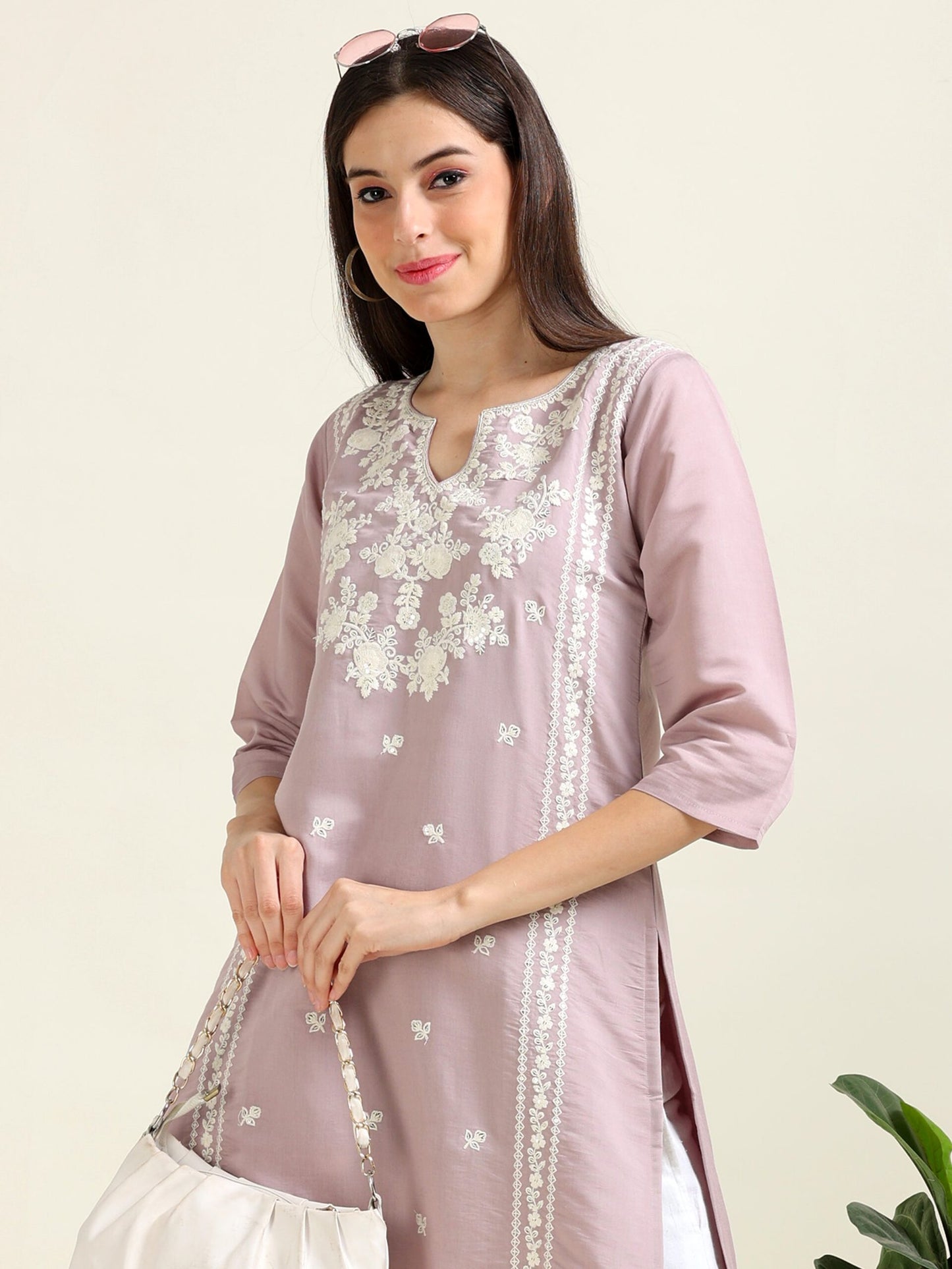 Lilac Boss Babe – Thread Embroidered Cotton Kurti (1JD-7-A6)