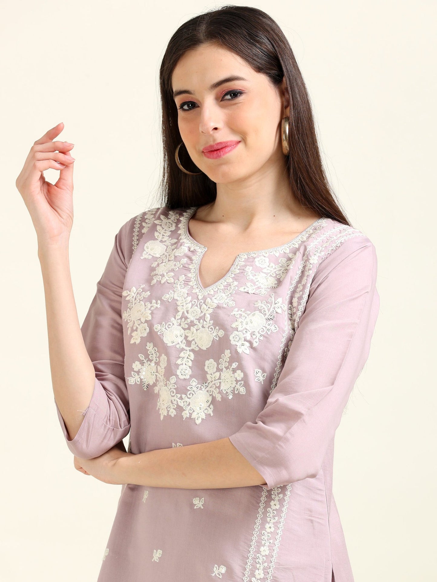 Lilac Boss Babe – Thread Embroidered Cotton Kurti (1JD-7-A6)