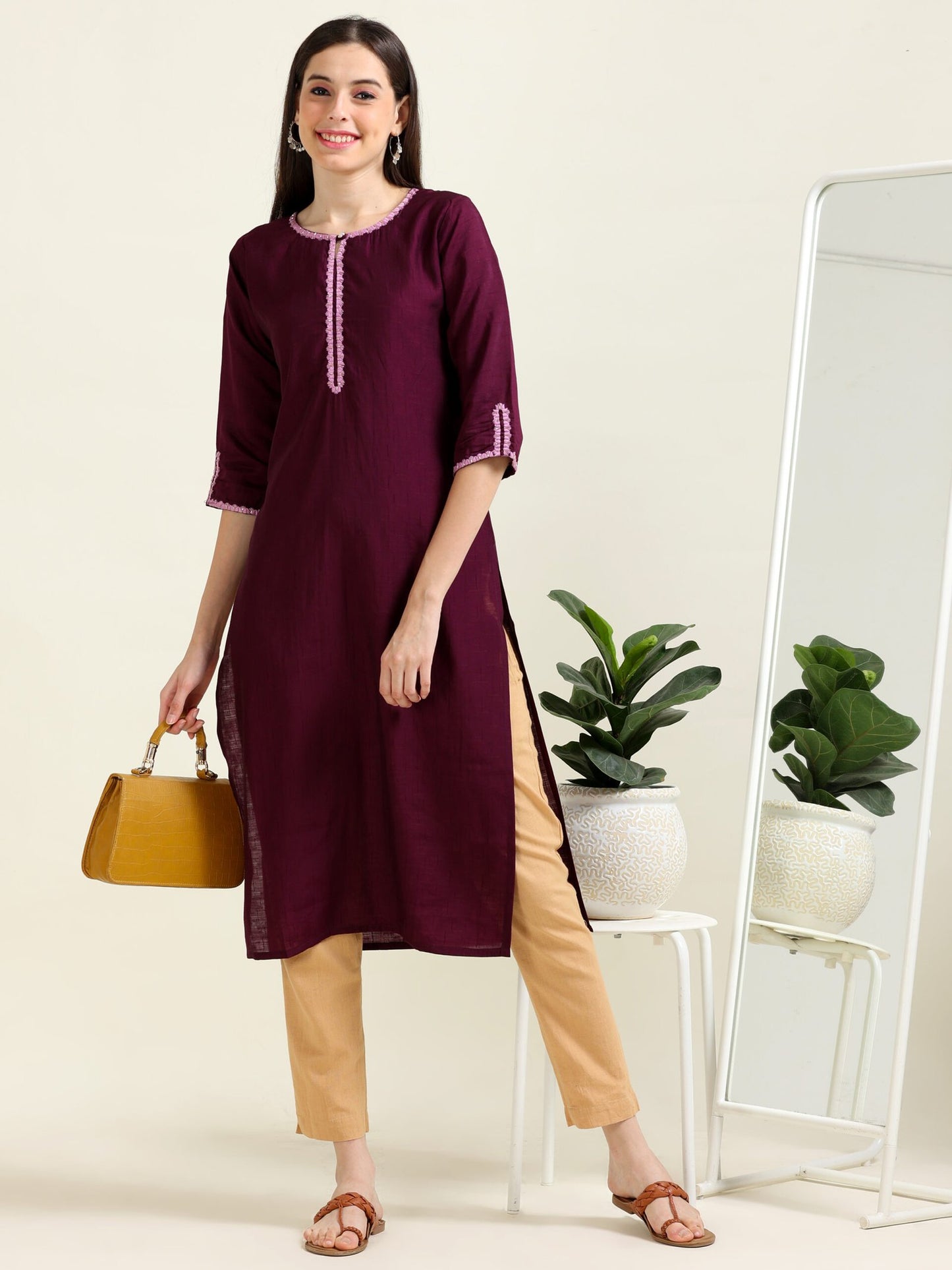 Wine Wanderlust – Embroidered Straight Cotton Kurti (1JD-7-A8)
